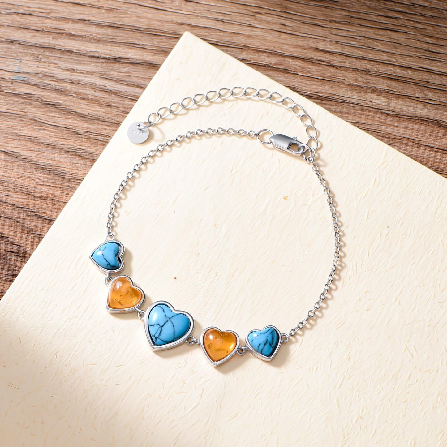 PEIMKO 925 Sterling Silver Heart Turquoise Amber Bracelet Southwestern Style Gifts for Women Mother
