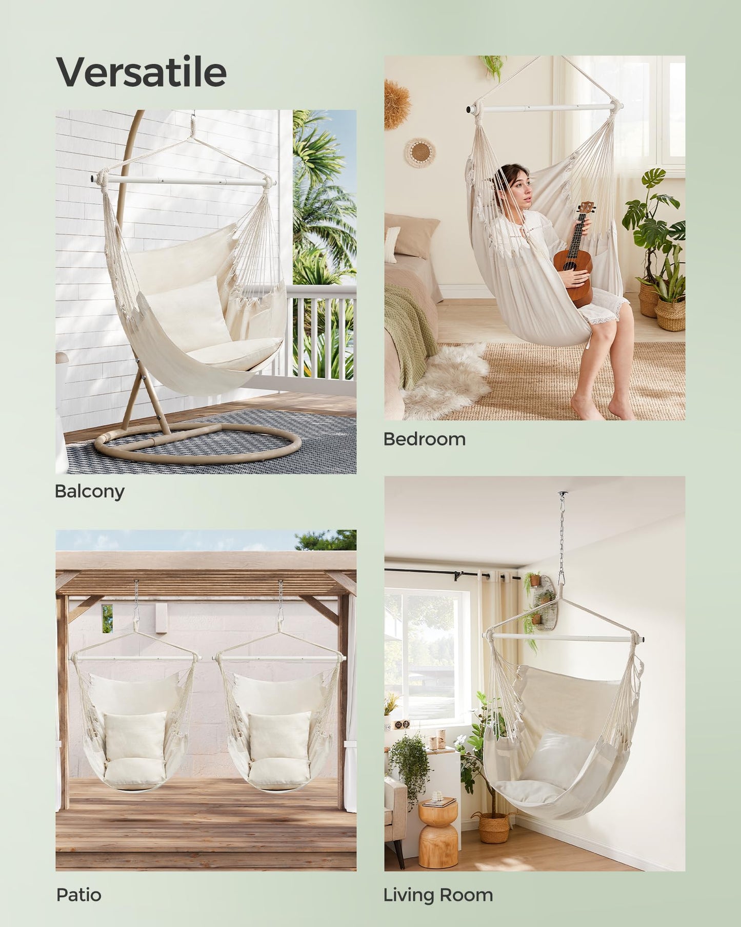 SONGMICS Hammock Chair, Load Capacity 500 lb, Hanging Chair with 2 Cushions, Large Hammock Swing with Chain and Pocket, for Indoor, Outdoor, Living Room, Bedroom, Cream White UGDC197M01
