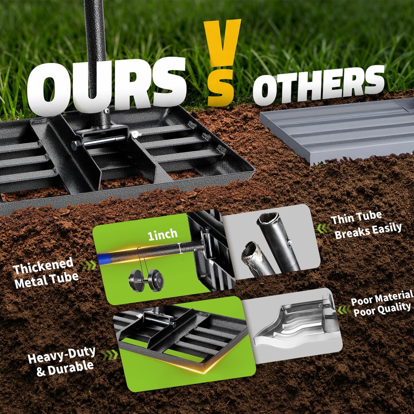 Lawn Leveling Rake, Heavy Duty Lawn Leveler with 17" x 10" Rakes Head Plate No Flipping, Smooth Garss Topsoil Dirt Sand, Metal Ground Leveling Tool with 5 ft Long Handle for Yard Garden Golf Course