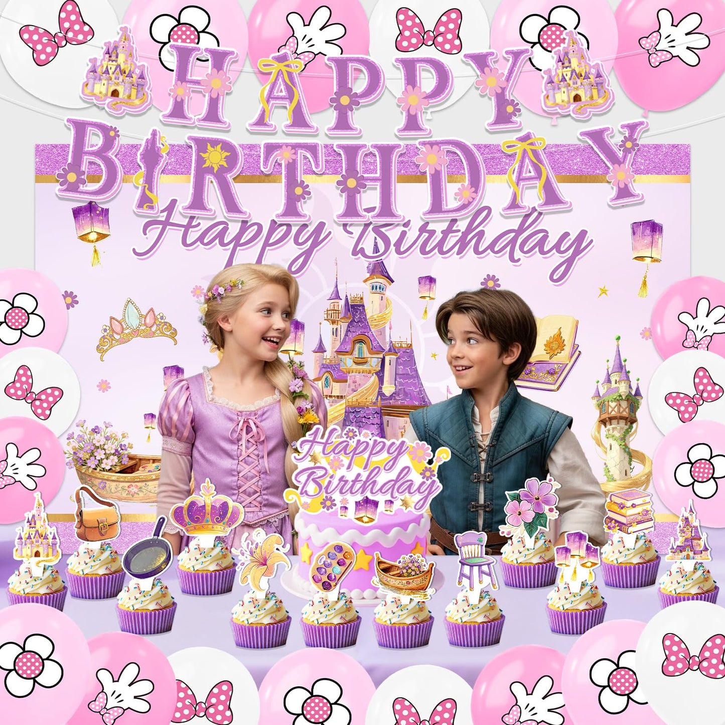 42pcs Purple Castle Birthday Party Decorations Includes Cake Toppers,Cupcake Toppers, Banner, Backdrop, Balloons - Princess Theme Party Supplies Set for Baby Shower