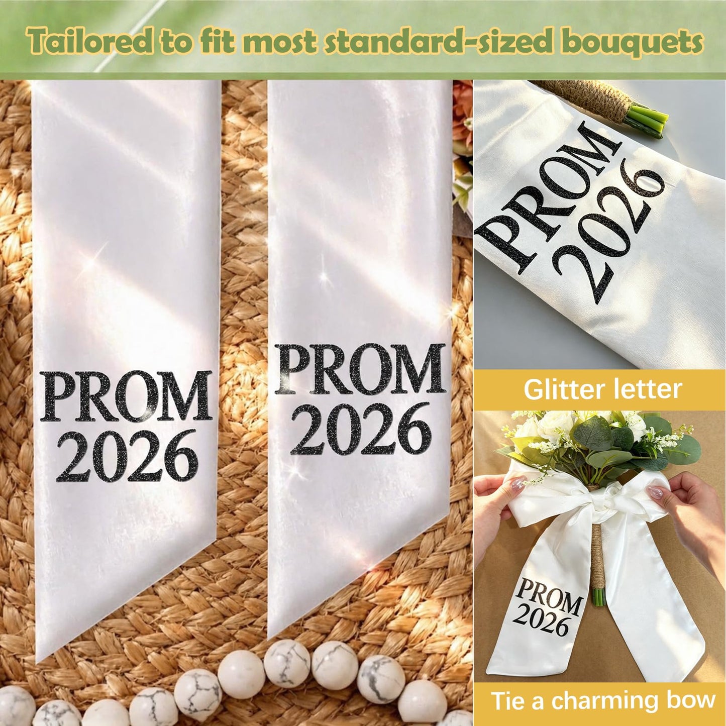 2 Pieces Prom Bouquet Sash Bouquet Ribbon 4 x 52 Inch Satin Plain White Flower Bouquet Sash with Letters for Prom 2026 Graduation Party Supplies (Black)