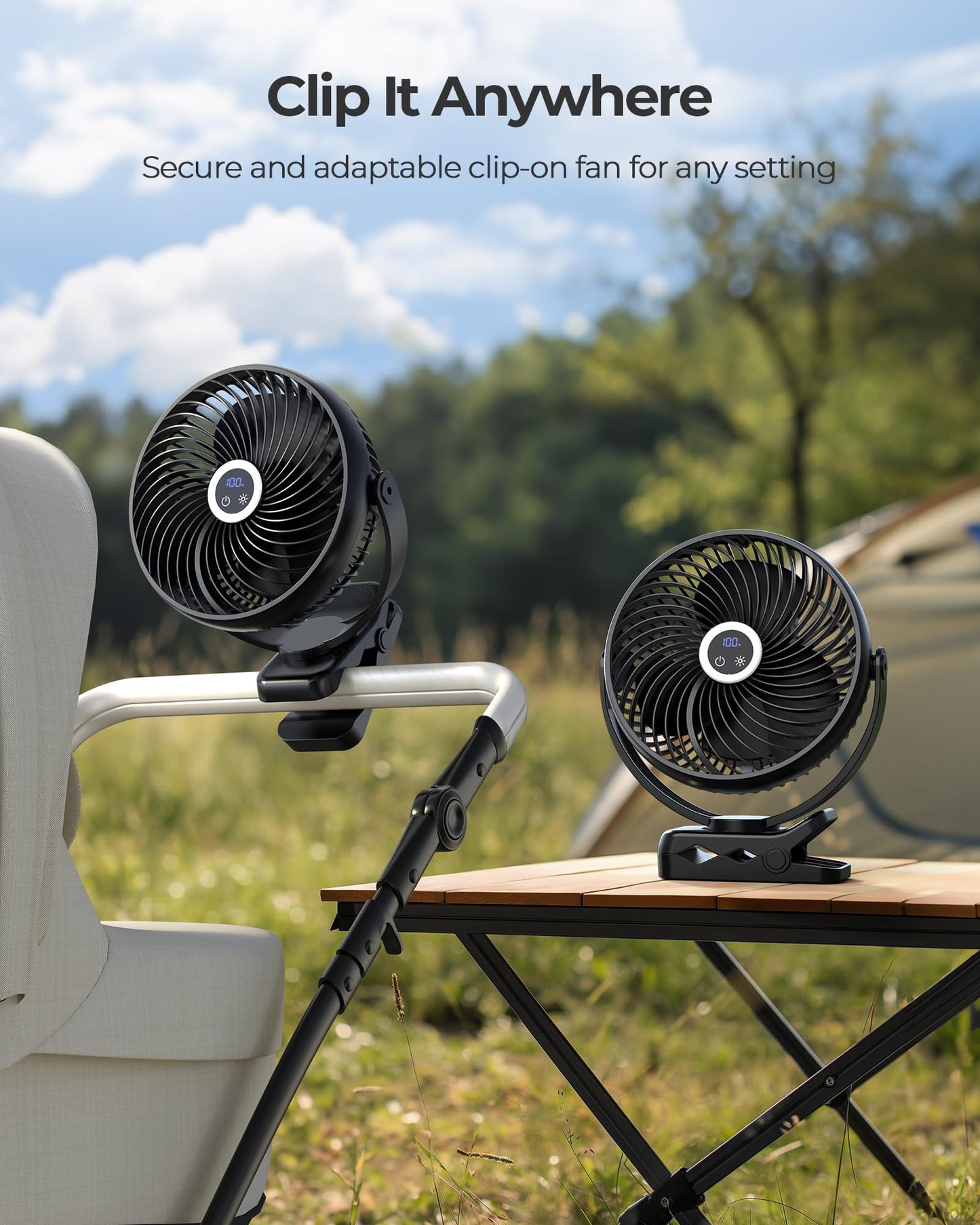 Koonie 10000mAh Portable Clip on Fan with LED Lantern and Hook, 8'' Battery Operated Desk Fan, Quiet Camping Fan with LED Digital Display, 360° Rotation & 3 Speeds for Travel Tent Gym Treadmill