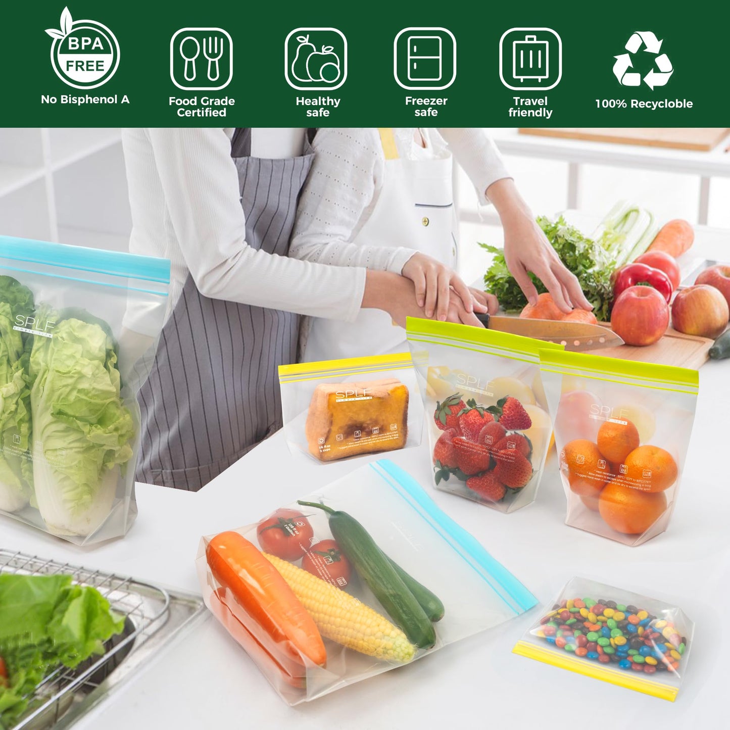 SPLF 24 Pack Reusable Food Storage Bags Dishwasher Microwave Safe, BPA Free Reusable Freezer Bags, Silicone Free Containers for Meal Prep, Fridge Kitchen Organization - 8 Gallon 8 Sandwich 8 Snack