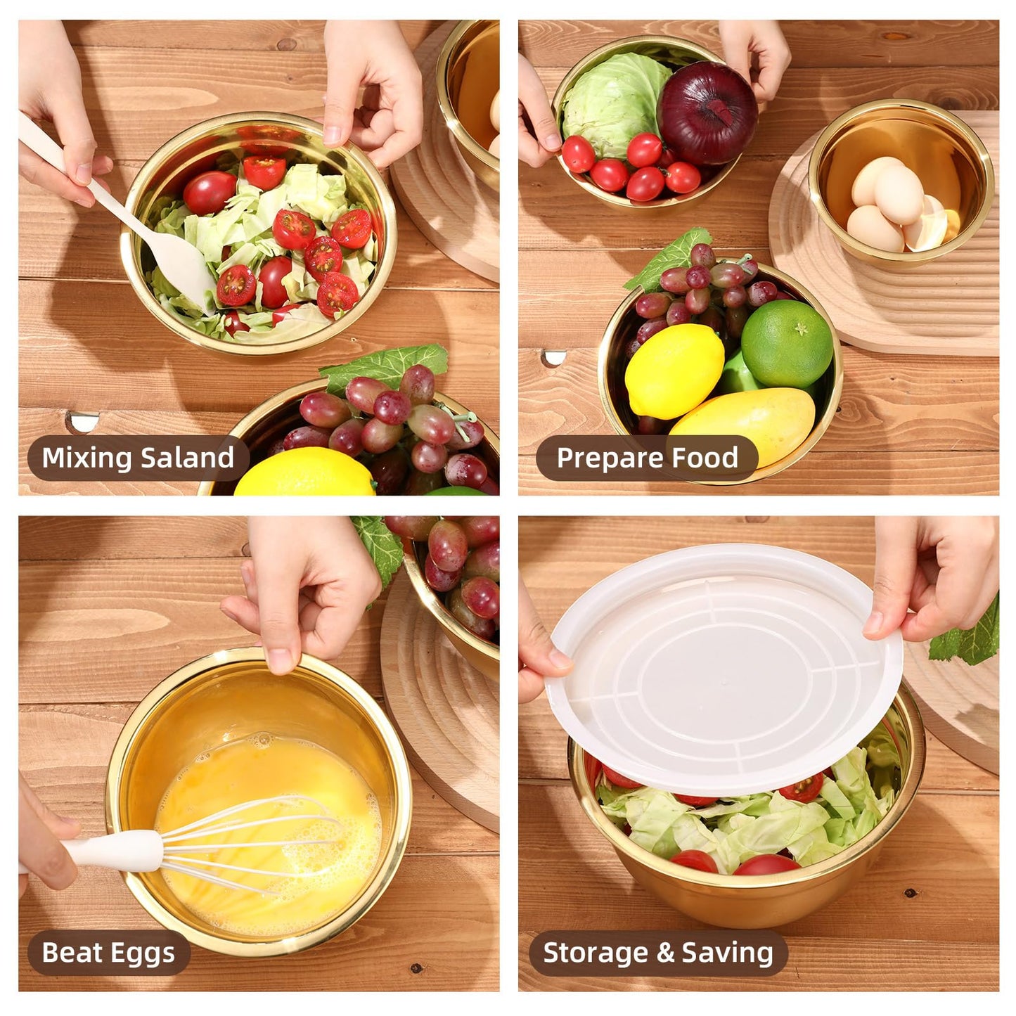 Baderke 7 Pcs Gold Kitchen Accessories Includes Stainless Steel Colander with Handles, 3 Gold Mixing Bowls with Airtight Lids and 3 Fine Mesh Strainer(Colander: 3 Qt, Mixing Bowls: 0.8/1/1.5 Qt)