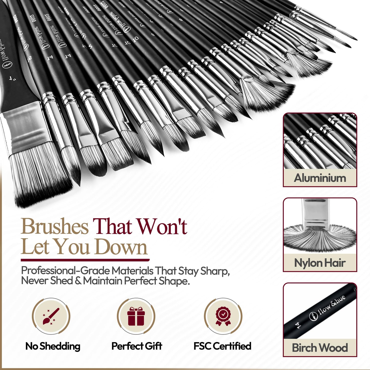 Flow & Hue 25 Pce Professional Paint Brush Set – Acrylic, Watercolor, Oil & Gouache - 9 Brush Shapes (Flat, Round, Filbert, Fan, Angle, Liner) + Palette Knife & Waterproof Canvas Roll Case for Artists