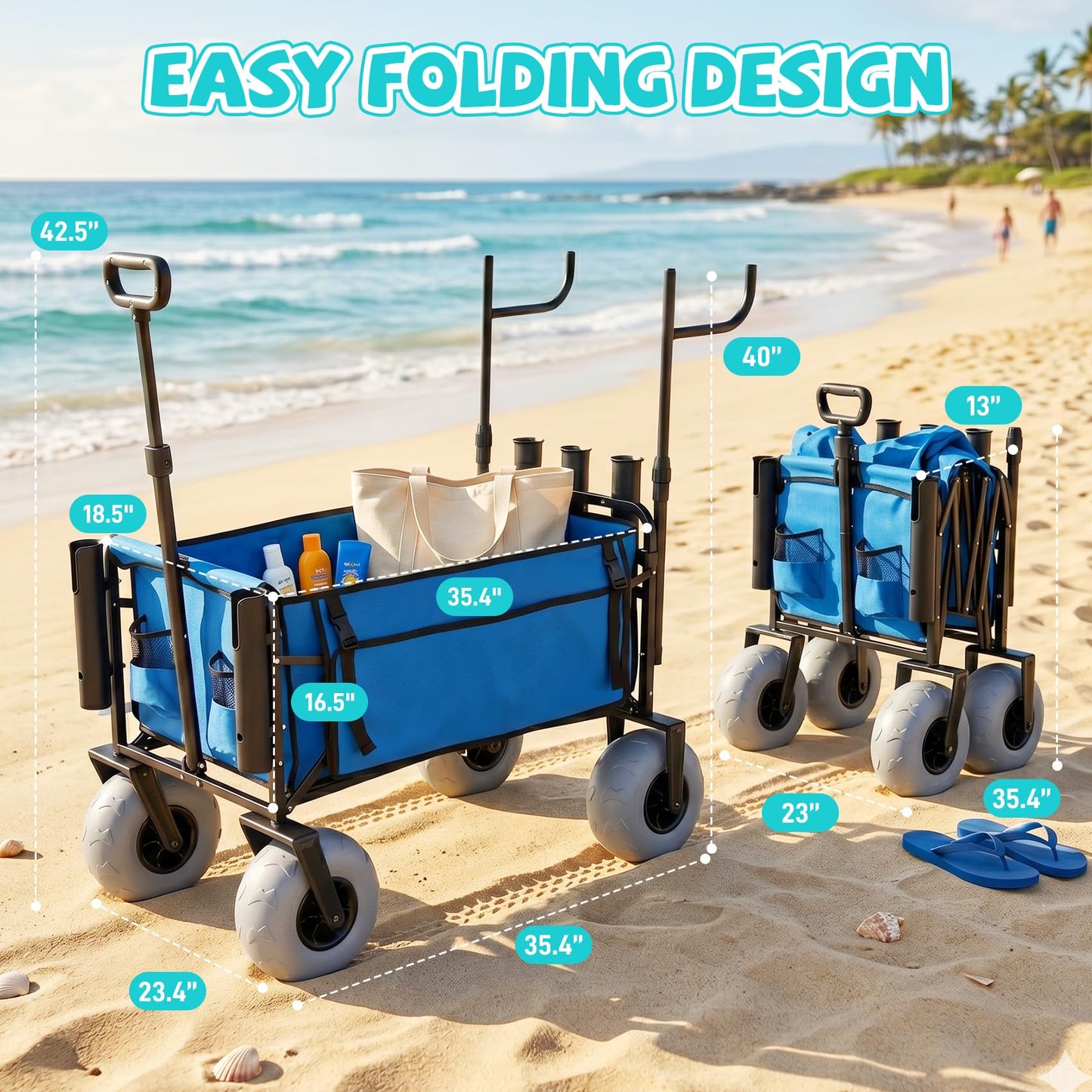 Fishing Cart with Big Wheels for Sand, 9" All-Terrain Wheels, Beach Wagon for Sand, Equipped with a Rod Holder and Side Pockets for All Your Fishing, Camping or Beach Supplies, Blue & White