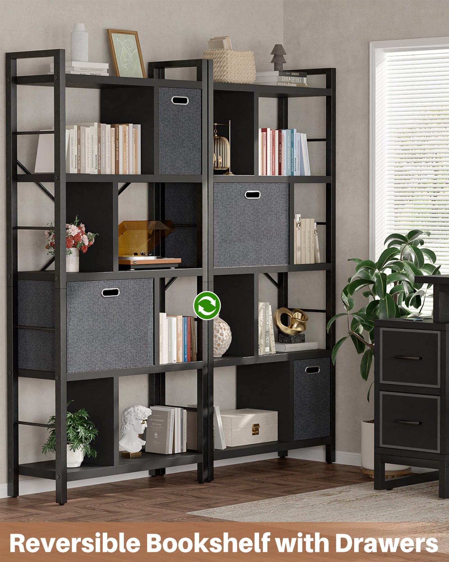 Armocity Bookshelf with Drawers - 5 Tier Tall Bookcase Geometric Modern Book Shelf Display Standing Bookshelves with Storage for Living Room, Bedroom Home Office, Black