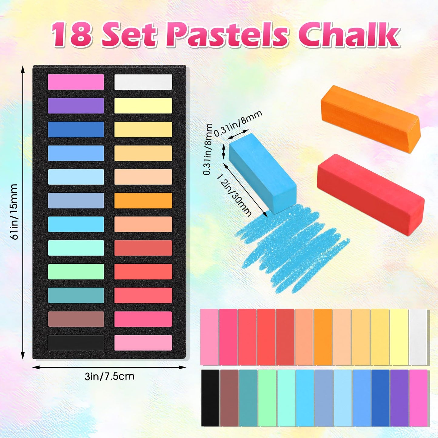 Watersay 432 Pcs Soft Chalk Pastels Set of 24 Colors Bulk 1.18 Inches Square Dry Artist Chalk Pastel Sticks for Office Art Drawing Painting Professional Art Supplies Kit