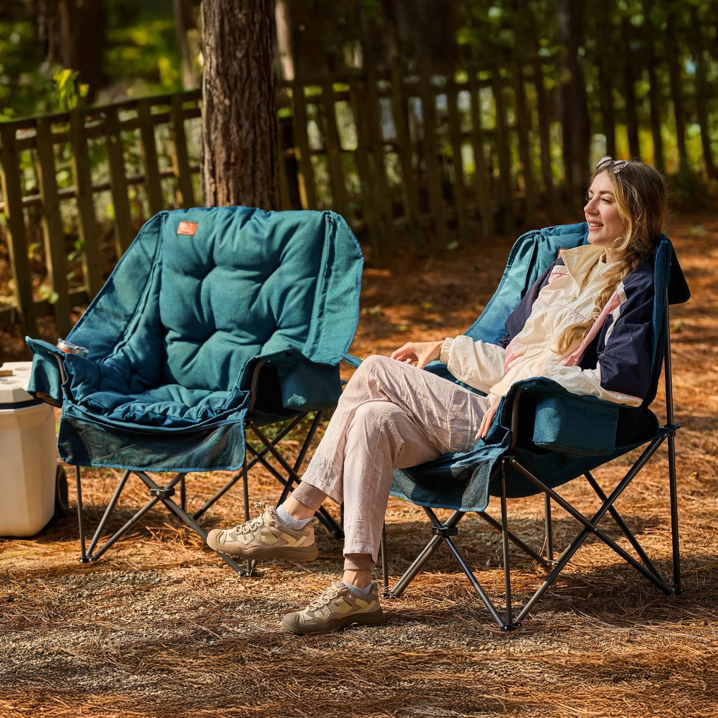 EVER ADVANCED XL Camping Chair with Detachable Cushion, Mesh Chair for Adults Foldable, Oversized Heavy Duty Folding Chair with Cooler Mesh Pocket Cupholder Outdoor Fishing, Supports 400LBS Green