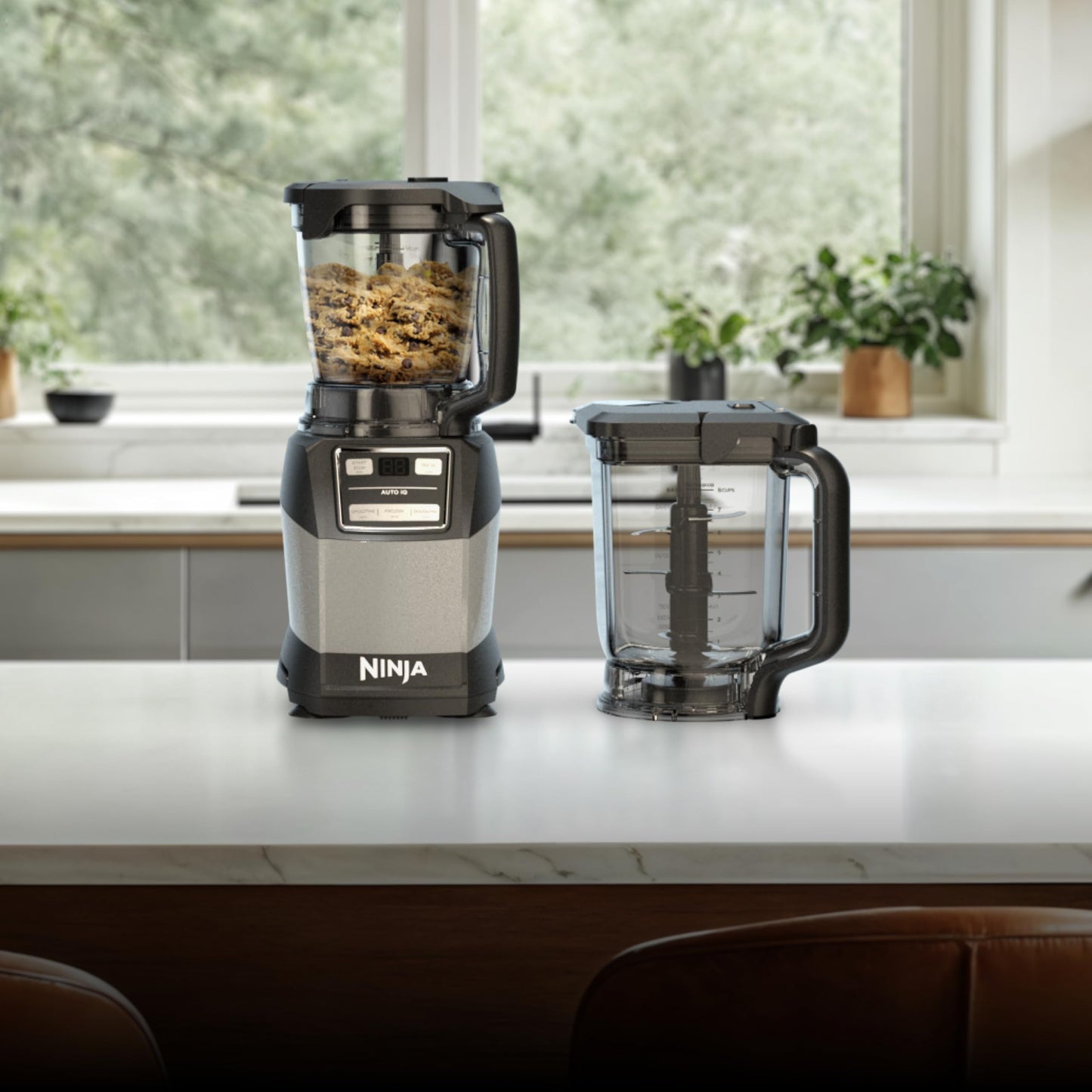 Ninja Blender, Compact Kitchen System, 1200W, 3 Functions for Smoothies, Dough & Frozen Drinks with Auto-IQ, 72-oz.* Blender Pitcher, 40-oz. Processor Bowl & 18-oz. Single-Serve Cup, Grey, AMZ493BRN