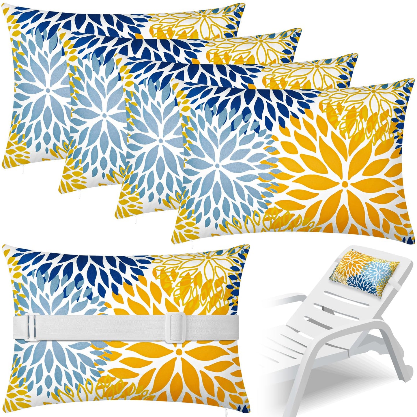 Lineshading 4 Pcs Chaise Lounge Pillow with Strap Outdoor Waterproof Pool Chair Neck Headrest Pillows with Adjustable Elastic Band for Beach Patio Chair Recliner(Yellow,Floral)