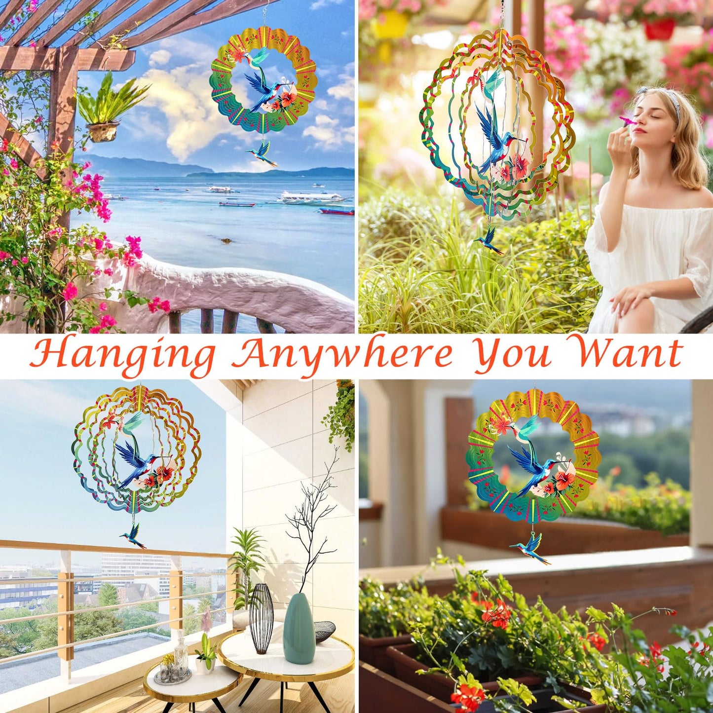 Hummingbird Metal Wind Spinners, Hummingbird Gifts for Mothers Day Women Mom Grandma Wife Men, 12 inch 3D Stainless Steel Hanging Wind Spinner for Outdoor Indoor Yard Art Garden Christmas Decorations