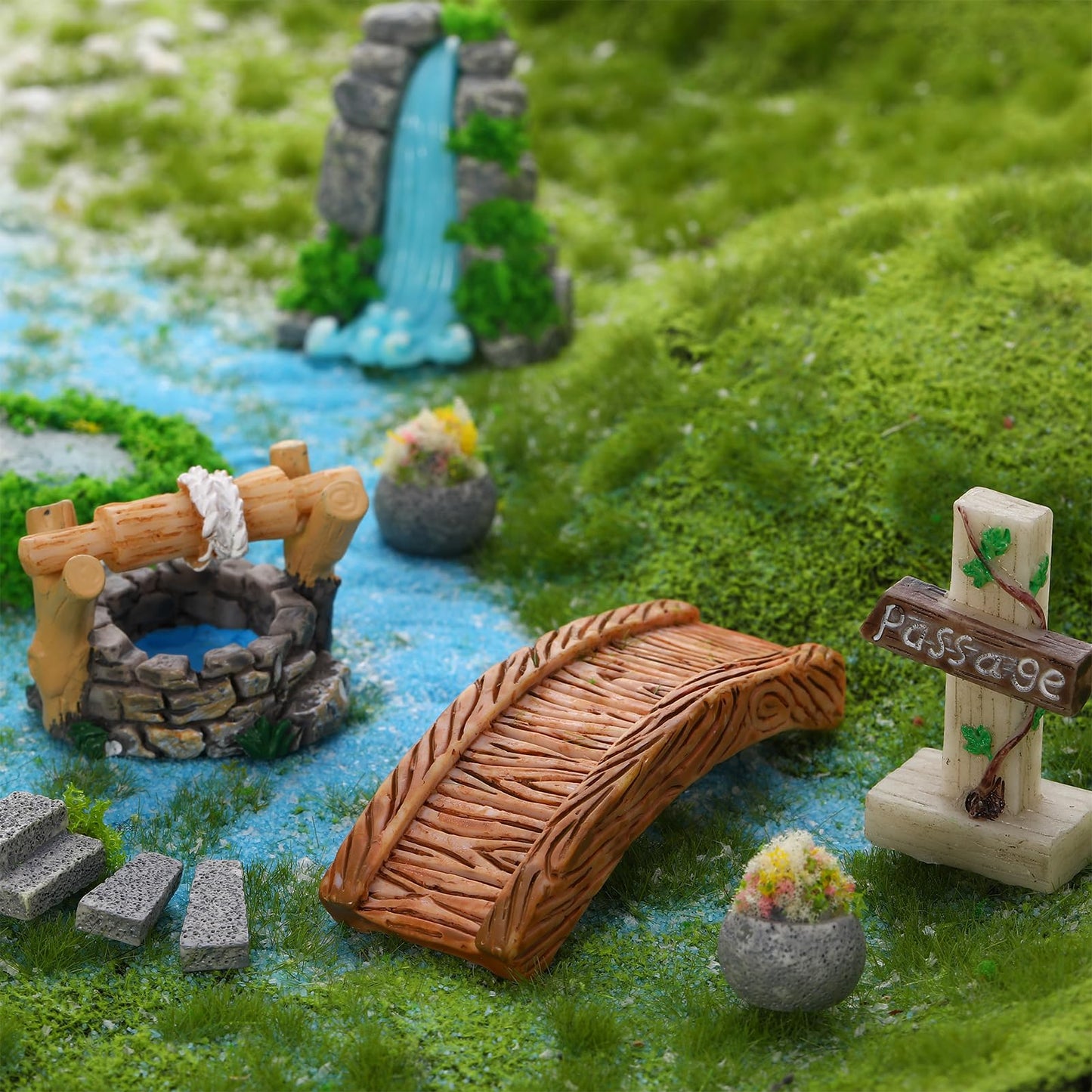 GGSTDDUP Mini Fairy Garden Accessories, Miniature Landscape Decorations Included Mini Bridge Pond Water Well for DIY Craft Lawn Pond Decor