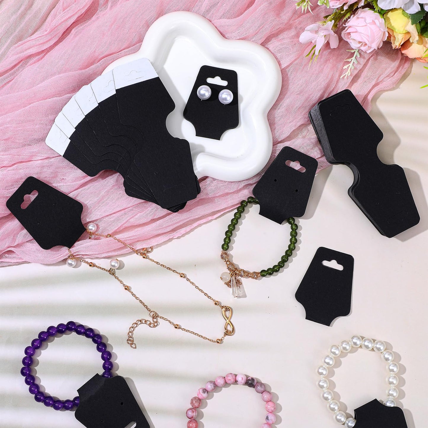 800 Pcs Necklace Display Cards Adhesive Jewelry Packaging Card Paper Keychain Display Card Hanging Bracelet Holder for Choker Earring Hairband Displaying Small Business Supplies (Black)