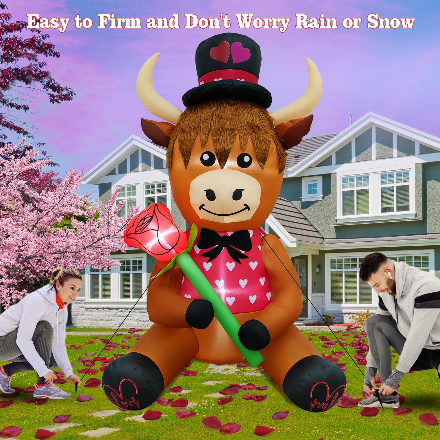 inslife 5FT Tall Valentine's Day Inflatable Highland Cow Holding a Rose, Blow Up Valentine's Day Outdoor Decoration Built-in 3 Led Lights for Wedding Propose Indoor Yard Party Supplies