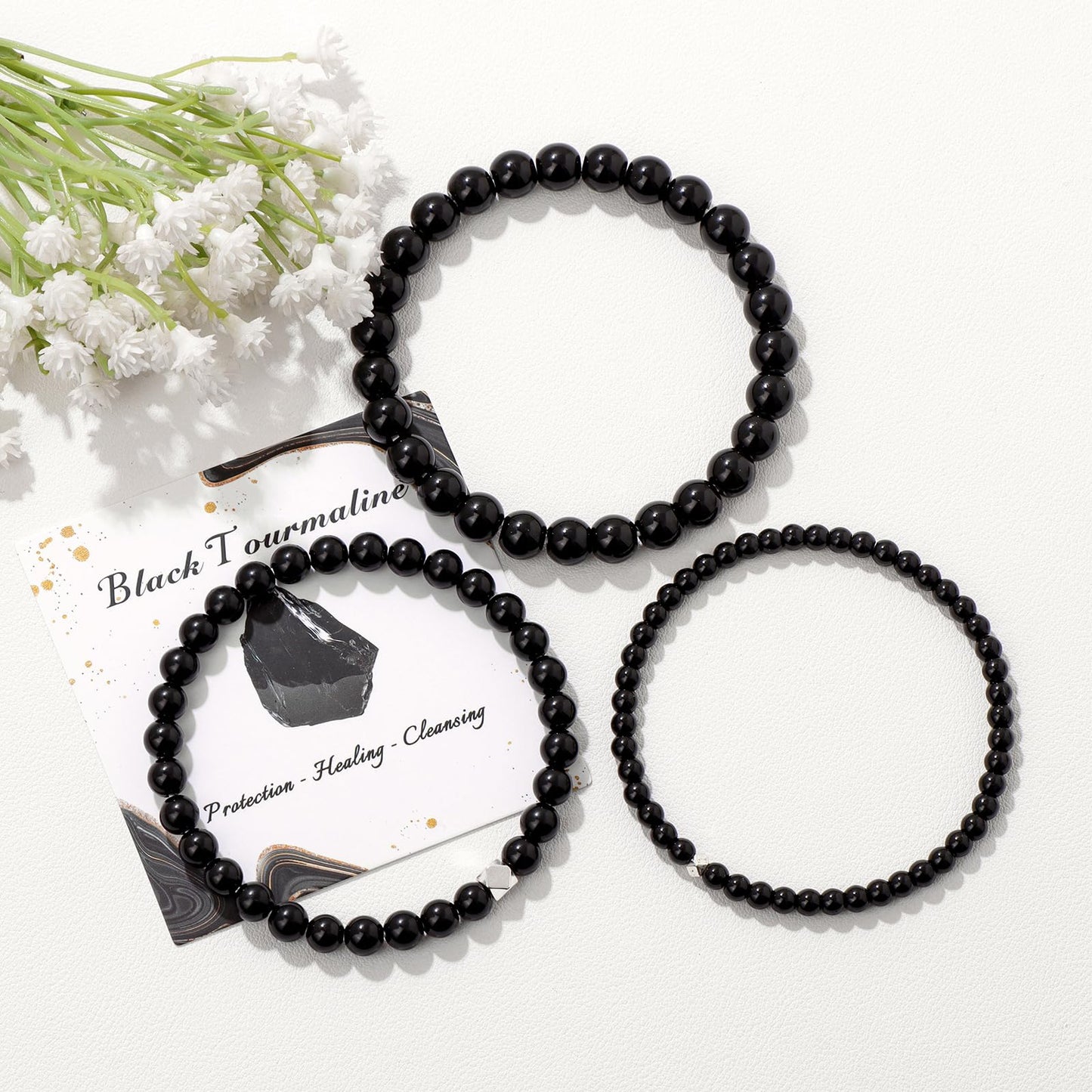 Raicegs 4MM Black Tourmaline Beaded Bracelets Healing Crystal Bracelet for Women Men Natural Stone Handmade Stretch Bracelet Reiki Spiritual Jewelry