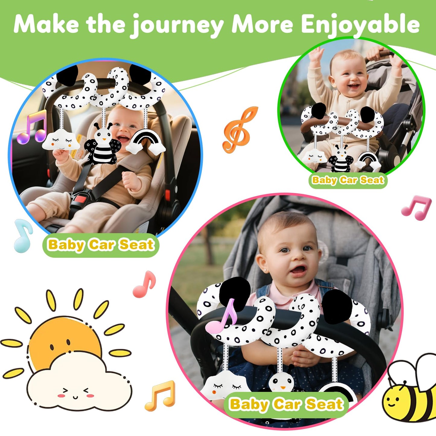 kizh Baby Hanging Stroller and Car Seat Toys High Contrast Baby Toys for Newborn Black and White Sensory Plush Activity Toys for Babies 0-6 Months-BEE