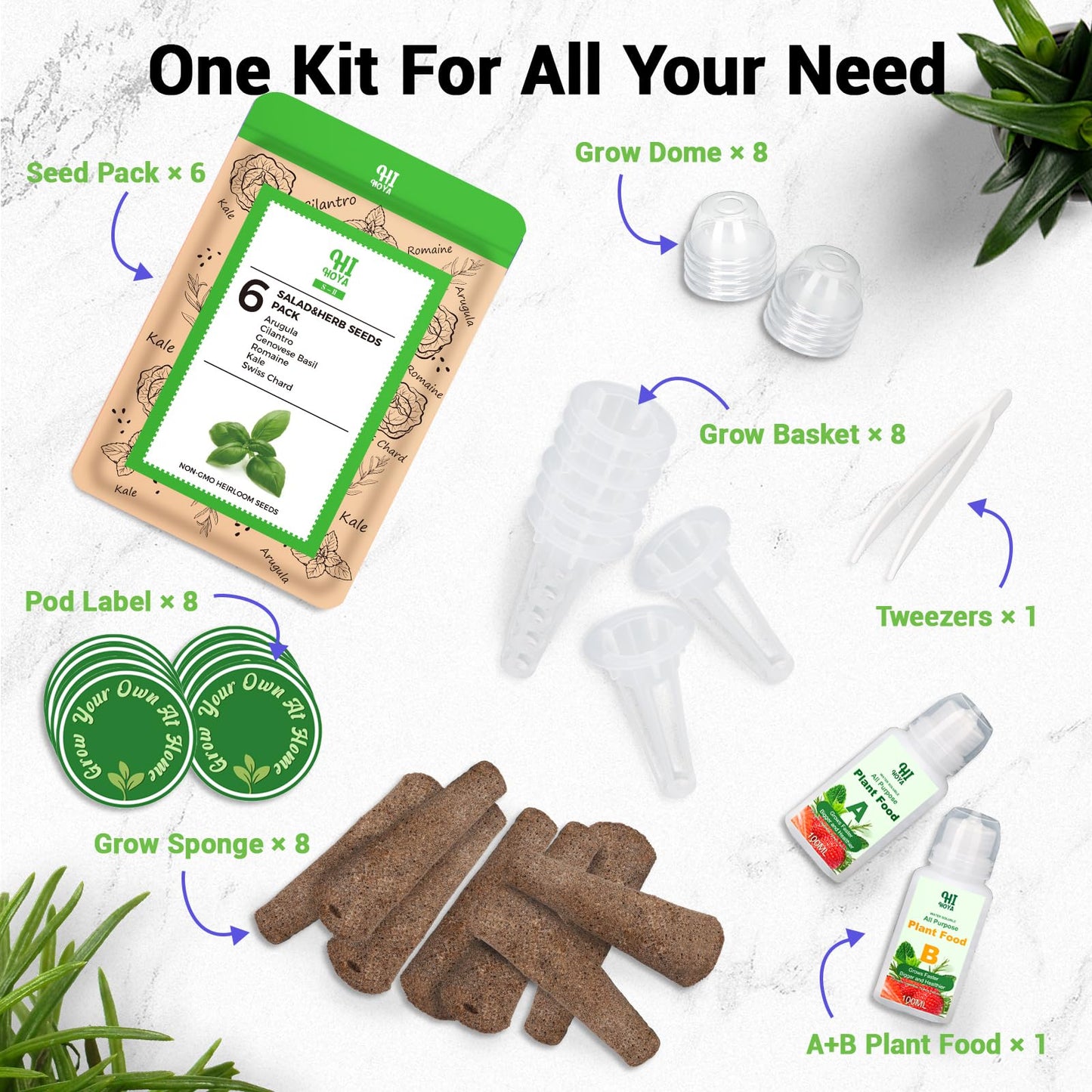 Herb & Salad Greens Seed Pods for All Hydroponics Growing Systems, 8 Pods with 600+ Seeds of Basil, Cilantro, Romaine, Kale, Arugula and Swiss Chard