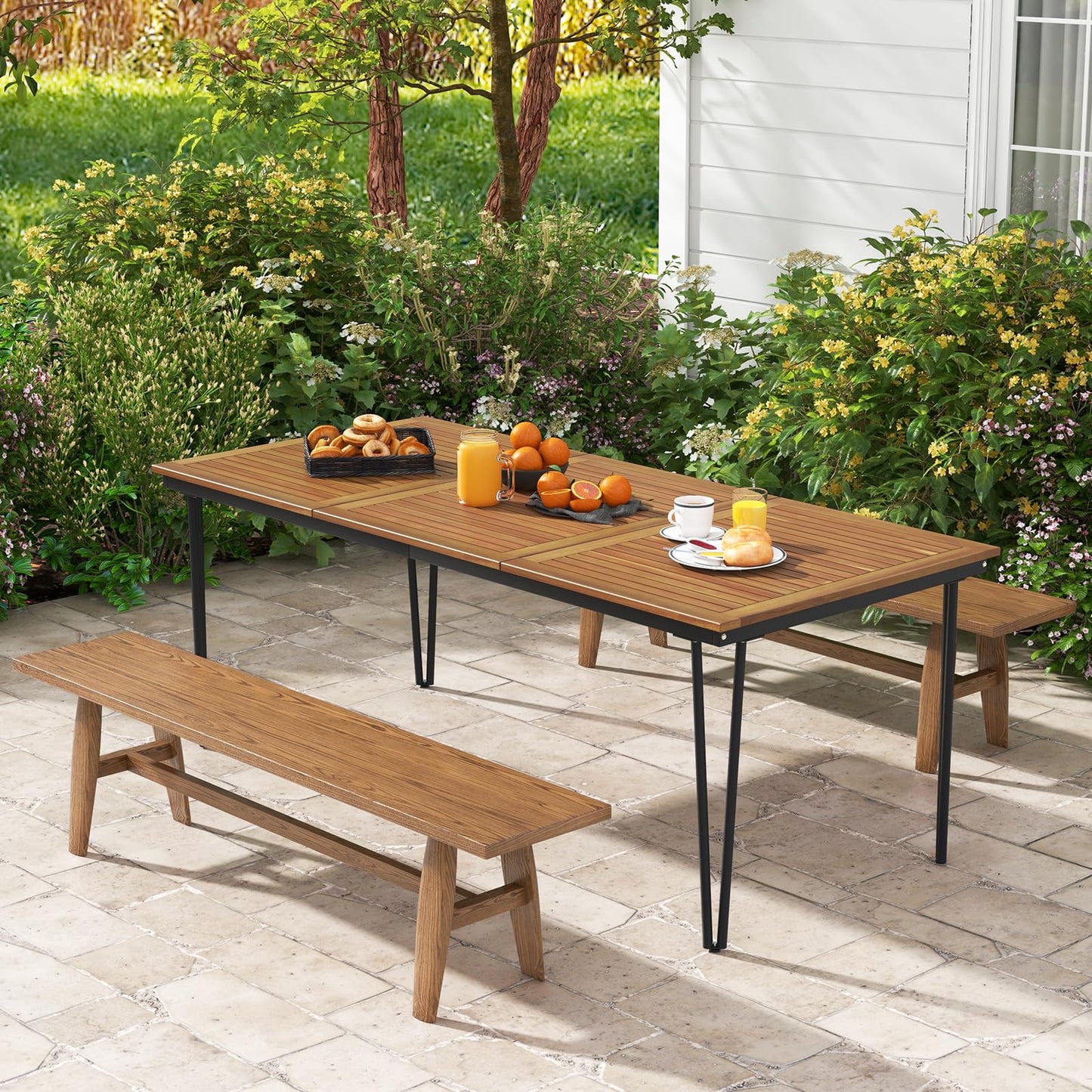 Tangkula 79 Inch Outdoor Dining Table for 8, Acacia Wood 8-Person Patio Table with 1.9 Inch Umbrella Hole, Metal Legs & Adjustable Foot Pads, Rectangular Outside Table for Garden, Poolside & Backyard