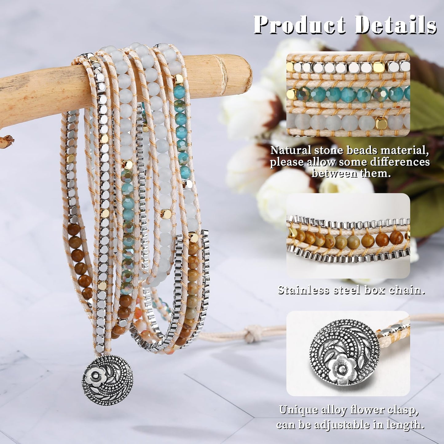 PLTGOOD Boho 5 Wrap Bead Bracelet for Men Women - Handmade Adjustable Natural Chakras Stone Crystal Beaded Bracelets Cuff Rope Yoga Healing Bracelet Bangle Hippie Jewelry