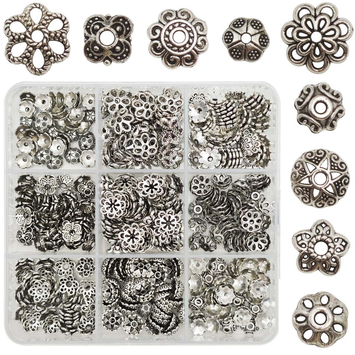 INSPIRELLE 450 Pieces Antique Silver Bead Caps Metal Alloy Filigree Flower Cup Shape Bead for Bracelet Necklace Earring Jewelry Making