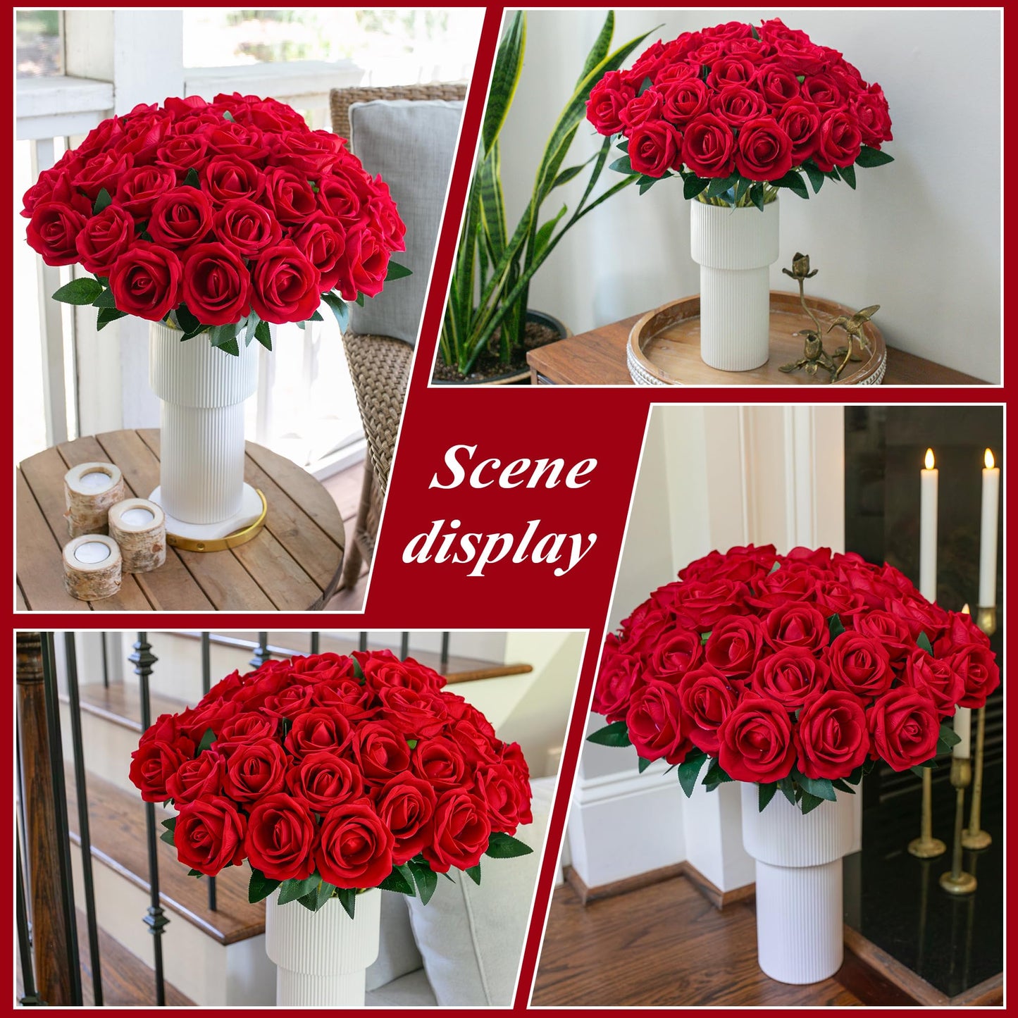 HyeFlora 50 PCS Red Roses Artificial Flowers, Fake Roses with Stems Realistic Silk Roses for DIY Wedding Bouquets Tables Centerpieces Arrangements Party Baby Shower Birthday Home Decor Gift for Her