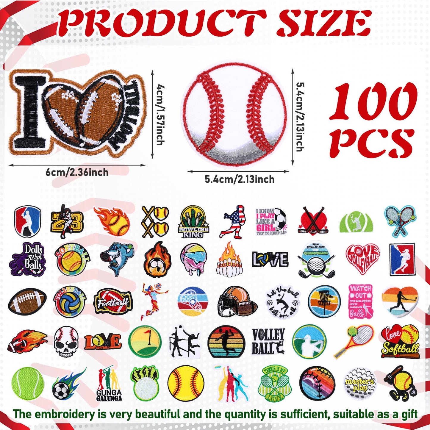 Janinka 100 Pcs Sports Iron on Patches Soccer Football Baseball Basketball Embroidery Applique Patches for Players Coaches Sports Lovers Fans Hats Clothes Jackets Jeans Dress Backpacks Bags Accessory