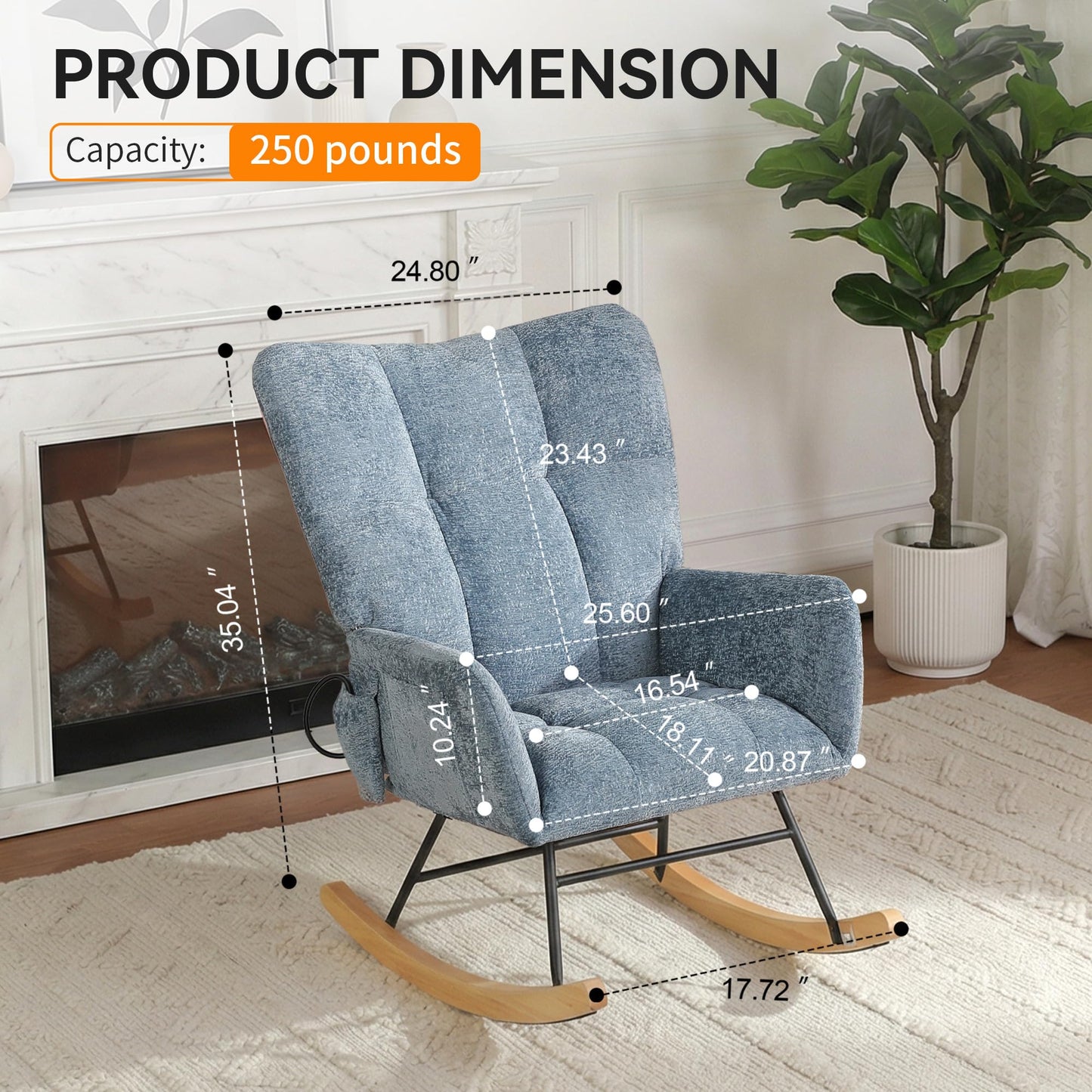ETCZOYE Rocking Chair with Airbag, Comfy Modern Reading & Nursing Nursery Rocking Chair Indoor, Cozy Upholstered Glider Rocker Chairs for Living Room Bedroom Offices, (Chenille, Blue)