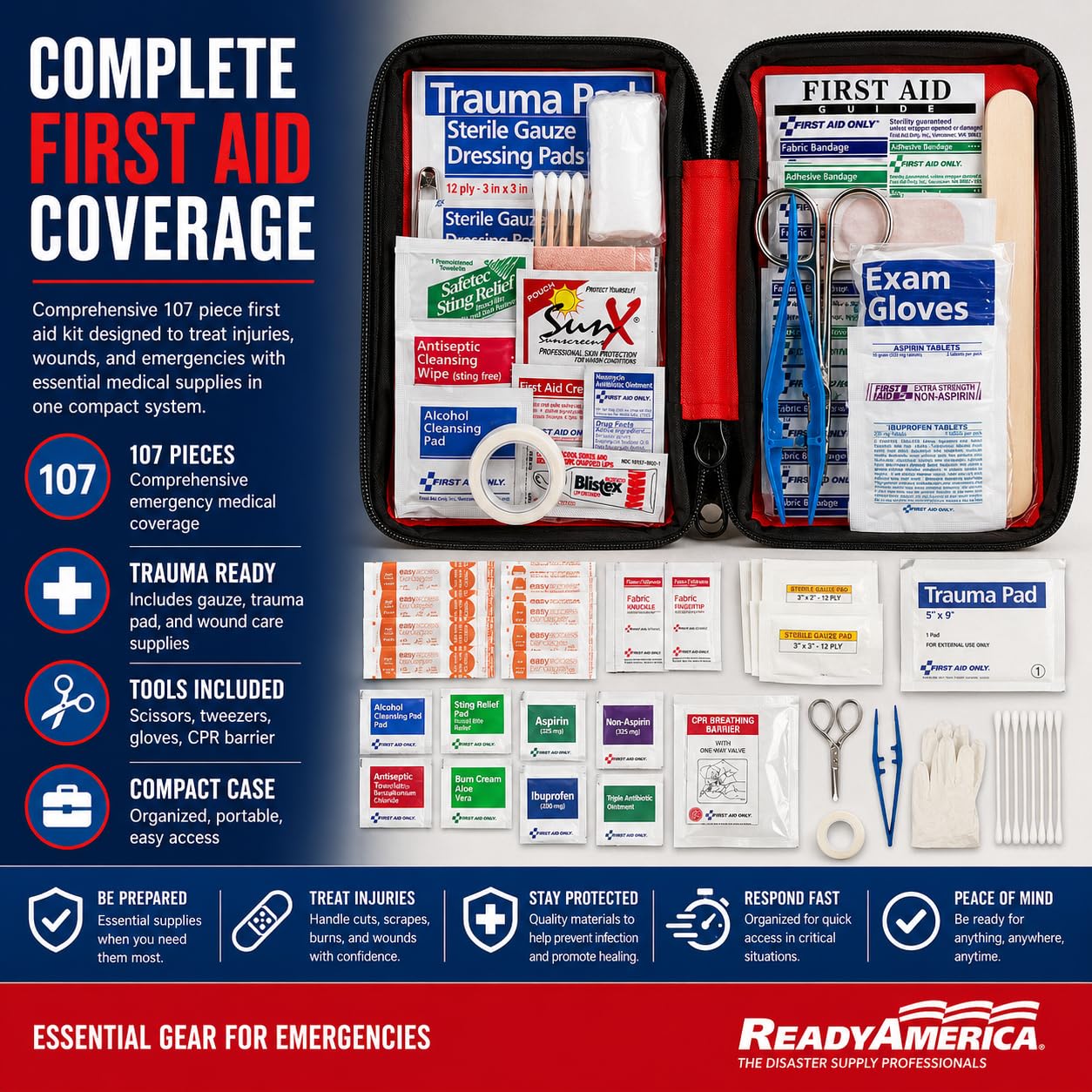 Ready America 70380 72 Hour Emergency Kit, 4-Person, 3-Day Backpack, Includes First Aid Kit, Survival Blanket, Emergency Food Portable Disaster Preparedness Go-Bag for Earthquake, Fire, Flood