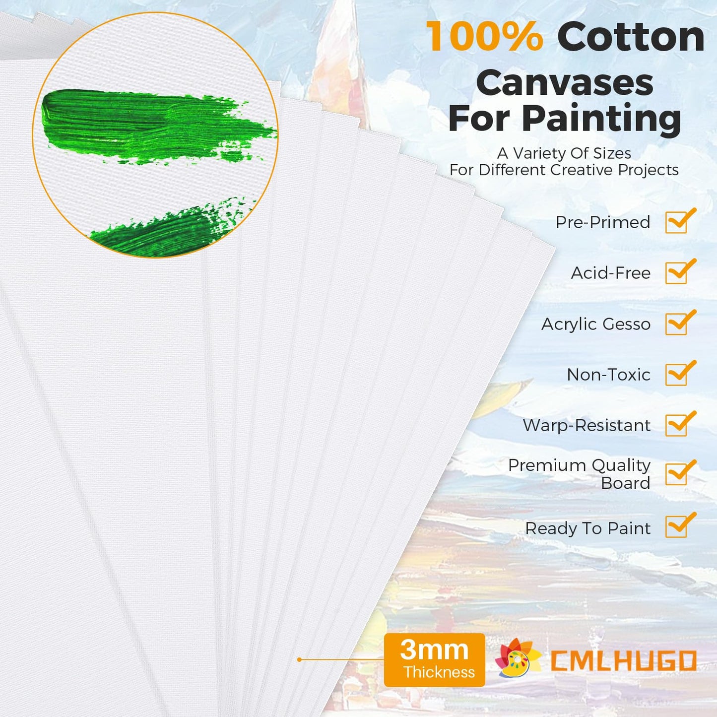 40 Pack Stretched Canvas Boards for Painting 8 of 4x4, 5X 7, 8x10, 9x12, 11x14 Art Blank Canvases, Gesso Primed 100% Cotton Canvas Panels for Acrylic Oil Watercolor Adults & Kids