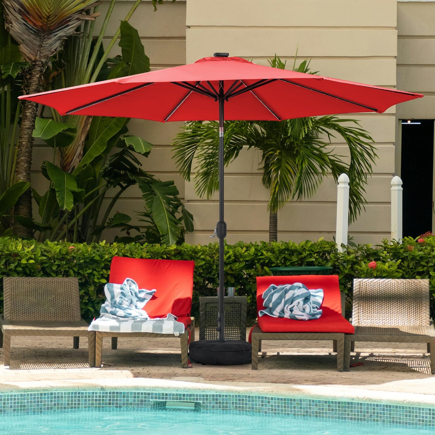 Sundale Outdoor Olefin 5-Year-Non-Fading Solar 104 LED 11FT Solar Patio Umbrella with Sand Bag Base, Outdoor Umbrella with Tilt and Crank, Red
