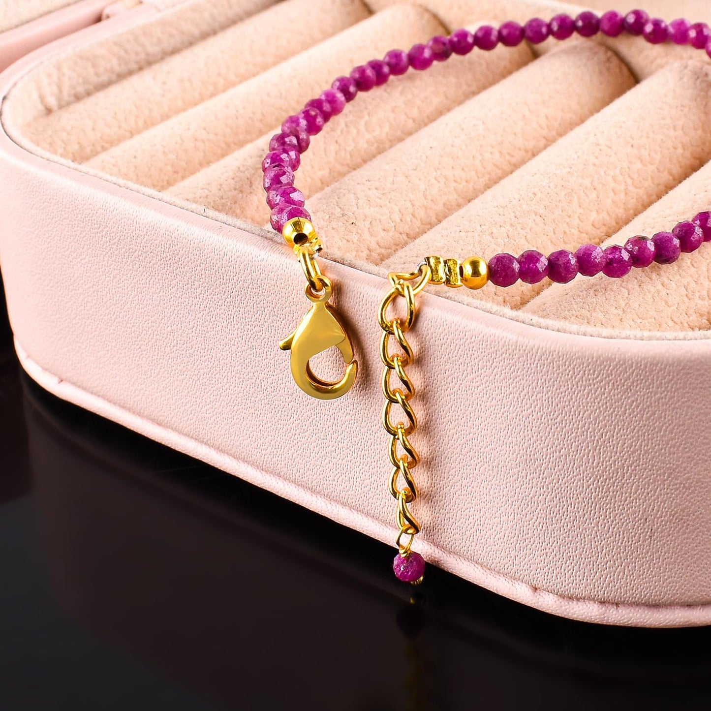 Natural Pink Ruby Gemstone Micro Beads Dainty Bracelet Jewelry for Women, July Birthstone, Chakra Energy Crystals, 14k Gold Plated Chain 8 inch Adjustable
