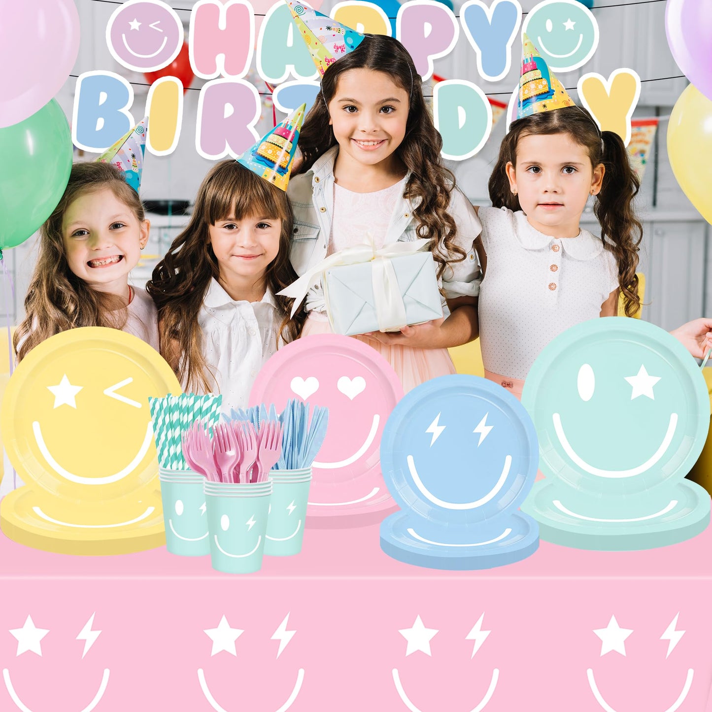 199PCS Smiley Face Birthday Decorations Smile Pastel Themed Preppy Theme Plates and Napkins Set,Balloon, Banner,Tablecloth, Hanging,Cupcake Topper,Smiley Pastel Birthday Party Supplies Serve 24 Guests