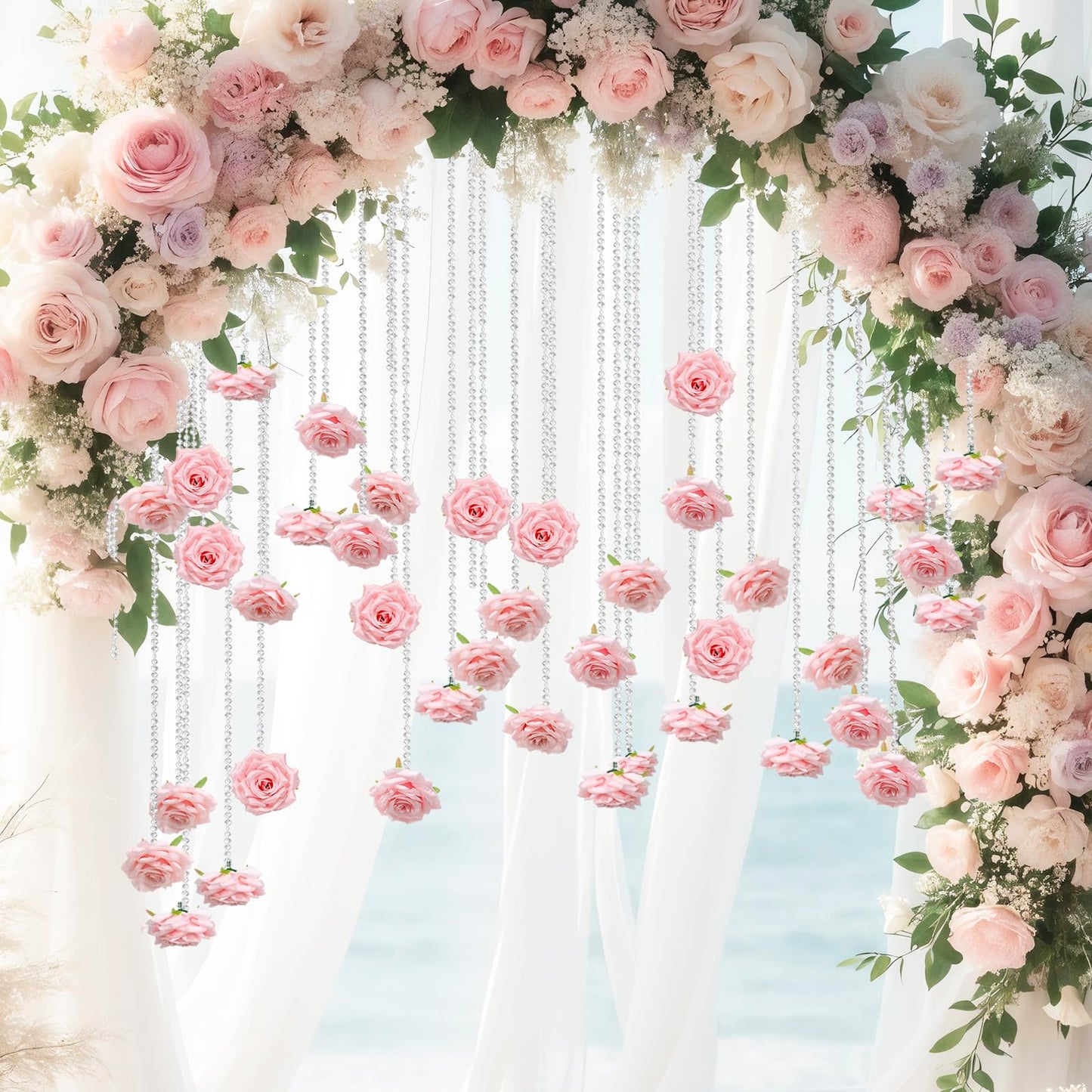 FYSUIMU 24Pcs 31.5 Inch Wedding Pink Artificial Rose Vine Garland Faux Flower Crystal Bead Hanging Garland for Valentine Birthday Wedding Party Decoration DIY Crafts Supplies