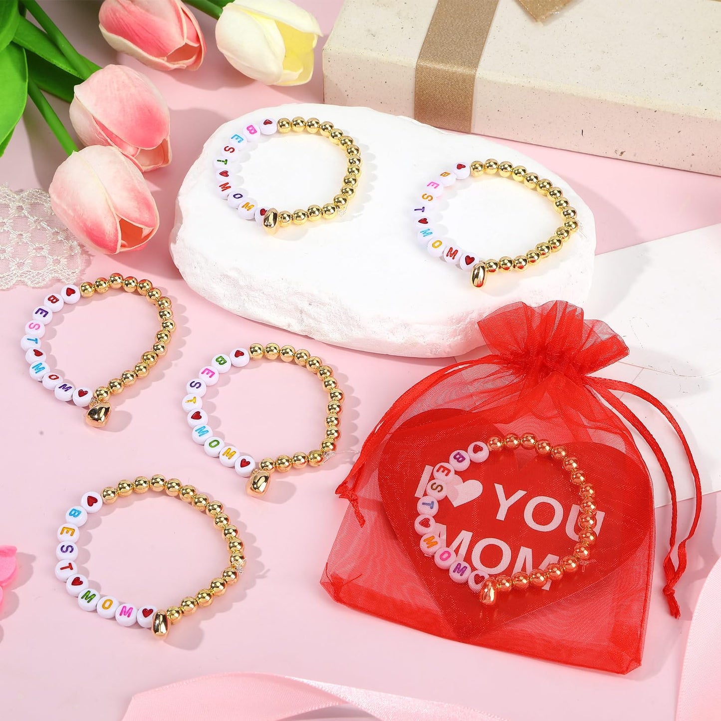 Augshy 24 Sets Mother's Day Bracelet Making Kit, Mom Bracelets DIY Craft Kit Letter Beads Heart Pendants Heart Gift Cards Organza Bags for Mothers Day Gifts Classroom Handcrafted Activity Party Favors