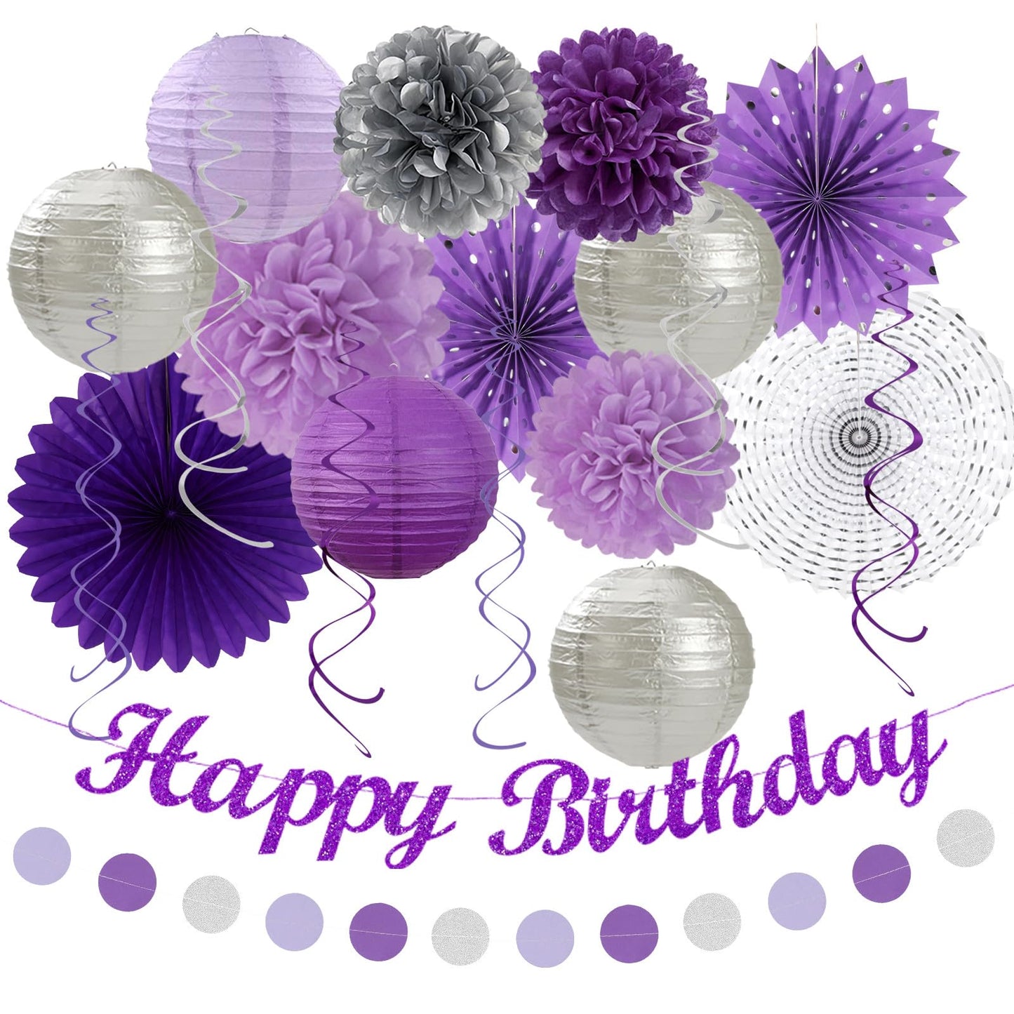 Purple Lilac-Lavender Silver Women Birthday Party-Decorations - 21pc Happy Banner,Paper Lanterns Streamers,Tissue Pom Poms Honeycomb Flower Fan, Girls Hanging Decor Supplies Garland Backdrop Huglony