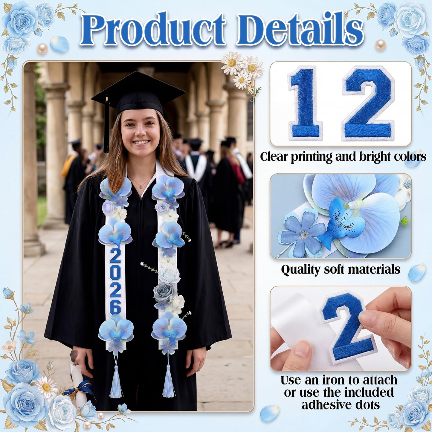CrystalSylara Graduation Leis Class of 2026 Artificial Flower Sash with 20 Sheets Number Iron on Patches DIY Grad Floral Lei Necklace for High School College Senior Grad Gifts Party Supplies(Blue)