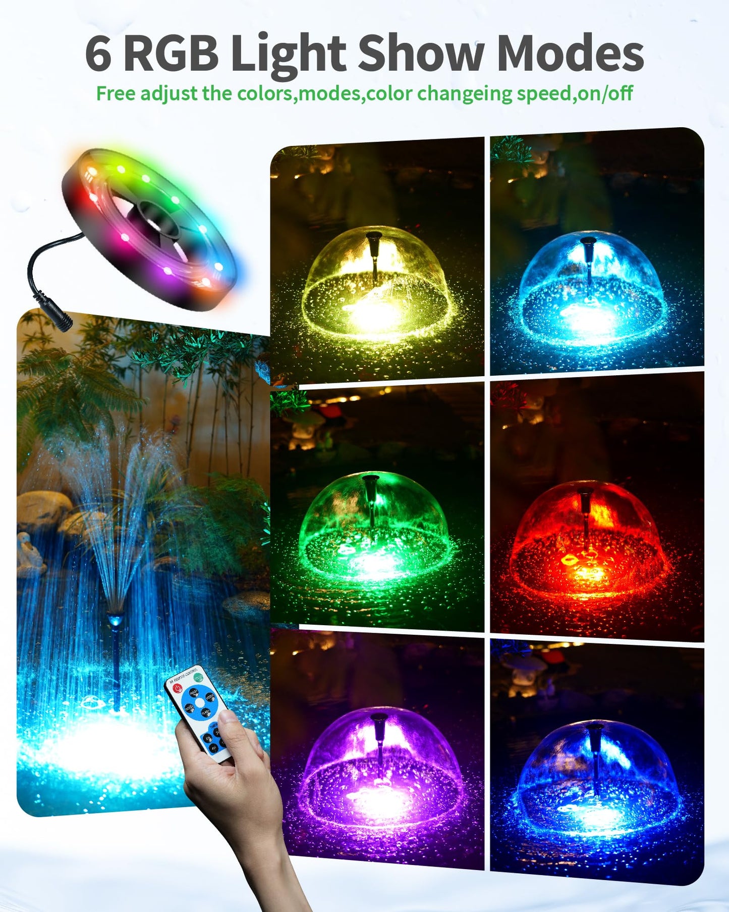 POPOSOAP Pond Fountain Pump Kit with RGB Lights & Remote Control, 660GPH Quiet Submersible Water Pump, Pond Pump with 3 Nozzles for Garden Koi Ponds, Fish Tank,Backyard Water Features Decor-P1104D