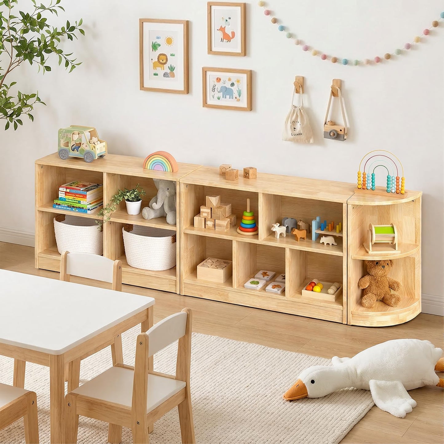 PTINFLUCE Rubber Wood Montessori Shelf, Wooden Toy Storage Organizer for Books Toys, 2 Shelf Bookcase, 5-Section Storage Cabinet, Toddler Book Shelf for Kids Rooms, Playroom, Nursery, Kindergarten