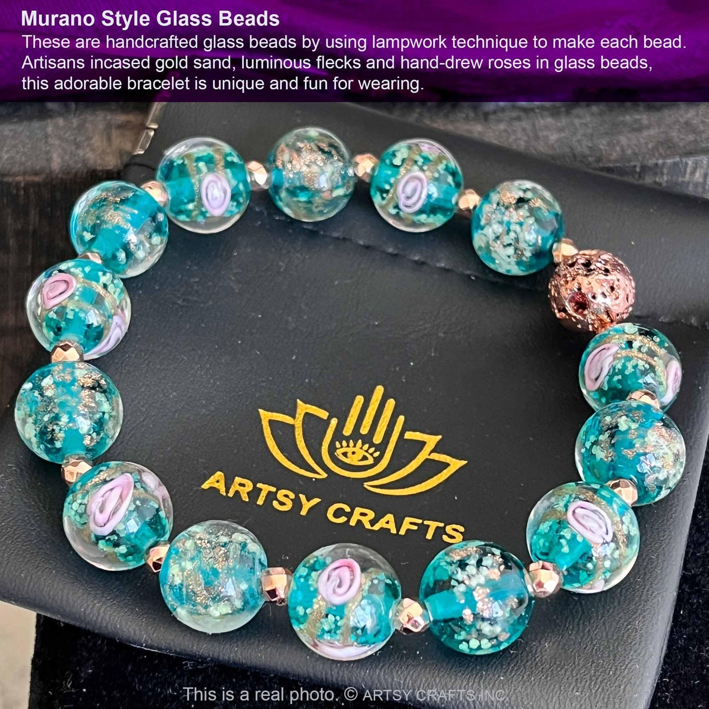 ARTSY Crafts Glow in The Dark Firefly Beads Bracelets, Ocean Blue Luminous Murano Glass Beads Jewelry Mermaid Crystals Healing Inspirational Bracelet Bangle (Ocean Blue, Wrist 6-7 in)