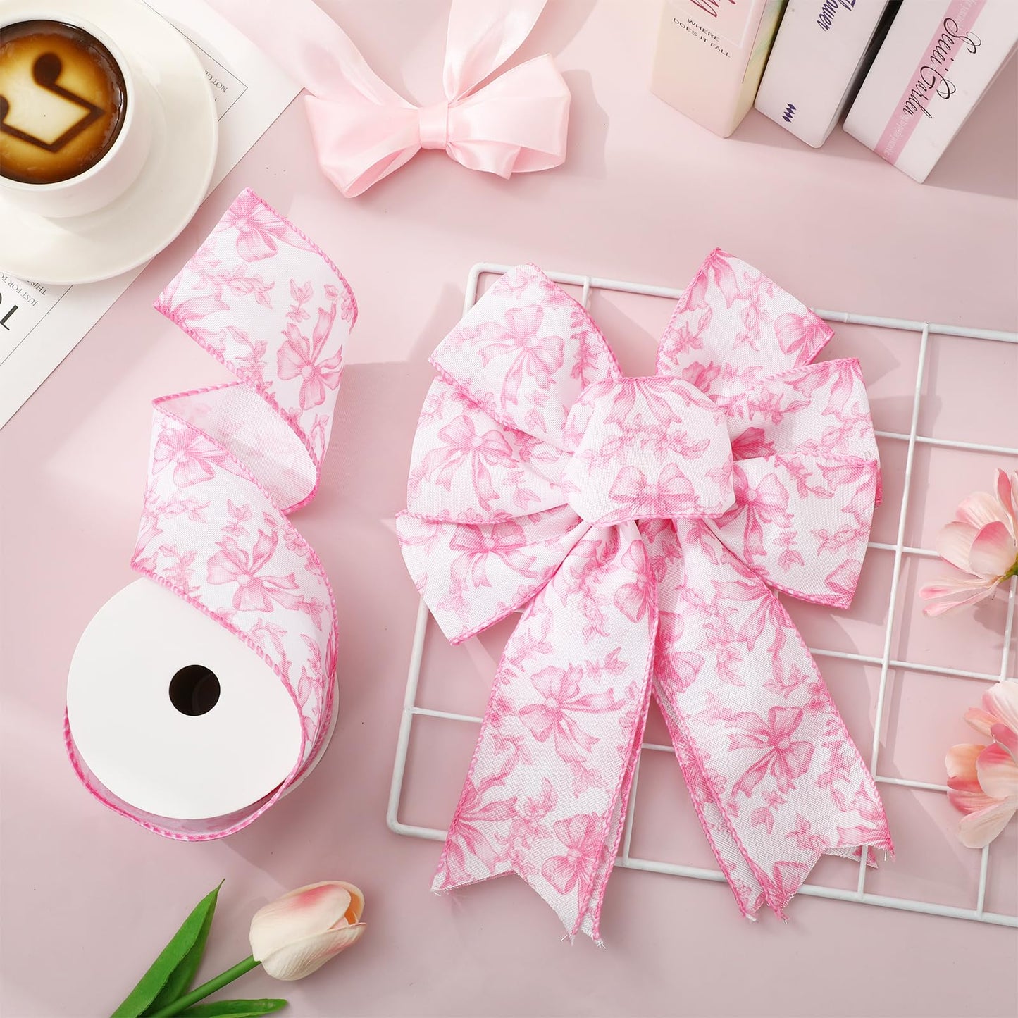 JarThenaAMCS Pink Floral Bow Wired Edge Ribbon Chinoiserie Flower Bowknot Fabric Ribbon for DIY Crafts Wreath Bow Making Supplies, 12 Yard
