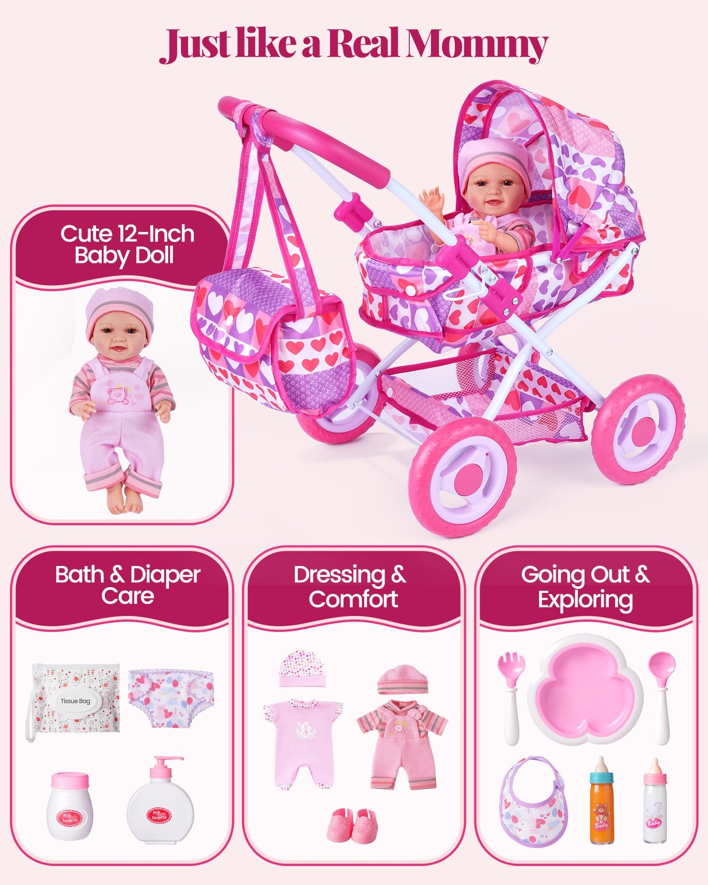 BABESIDE Baby Doll Stroller Set with 12 Inch Baby Doll, 14 Pcs Baby Doll Accessories, Folding Doll Pram Pretend Play Set, Feeding, Bath & Care Toys, Gift for Girls Ages 3yrs+