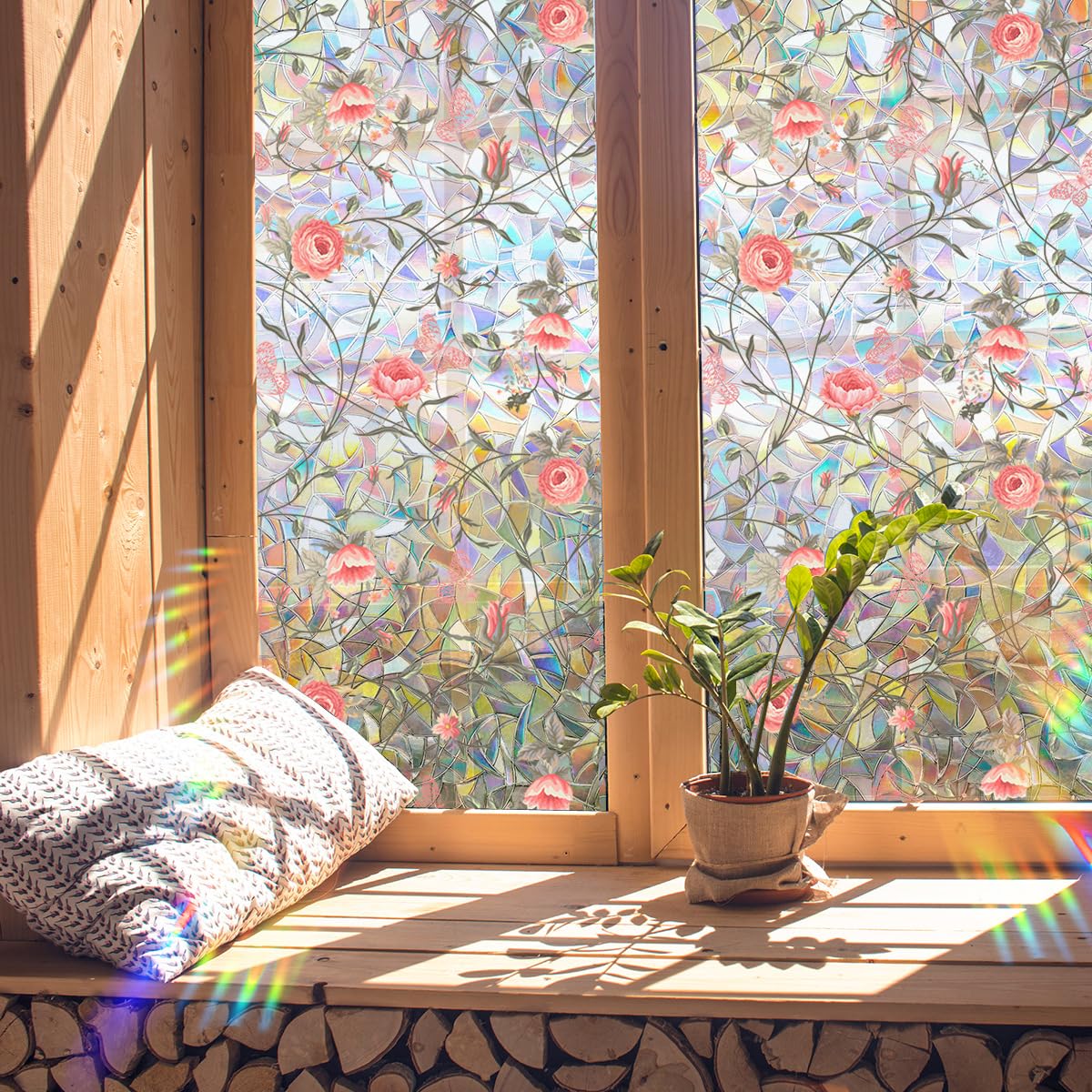 Runtoo Window Privacy Film Rainbow Rose Floral Window Clings 3D Decorative Vinyl Stained Glass Boho Pink Peony Flowers Decals Static Sticker Non-Adhesive, 15.75 x 40 inches