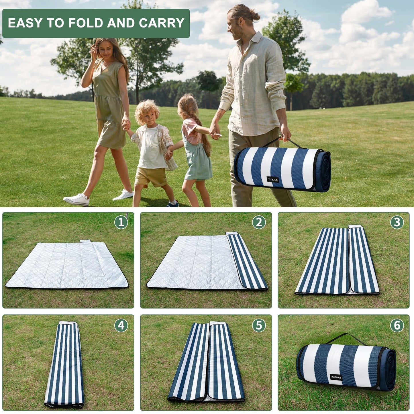 ZUBOND Picnic Blanket 80''x80'', Waterproof Sandproof Beach Outdoor Camping Mat Extra Large Foldable Gingham Big Travel Essential Accessories Gift Park Patio Lawn Garden Grass Ground Music Festival