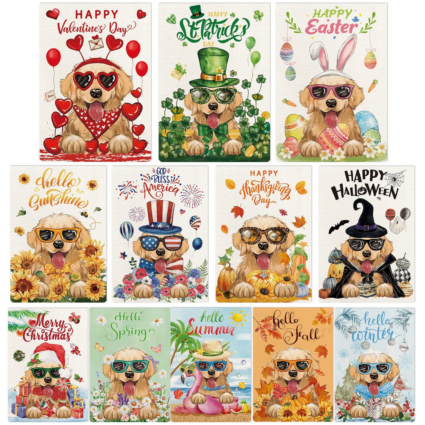 Golden Retriever Seasonal Garden Flags Set of 12, Welcome Seasonal Garden Flags 12x18 Double Sided, Dogs Yard Flags for All Holidays, Fall Winter Halloween Christmas Flag for Outdoor Farmhouse Decor