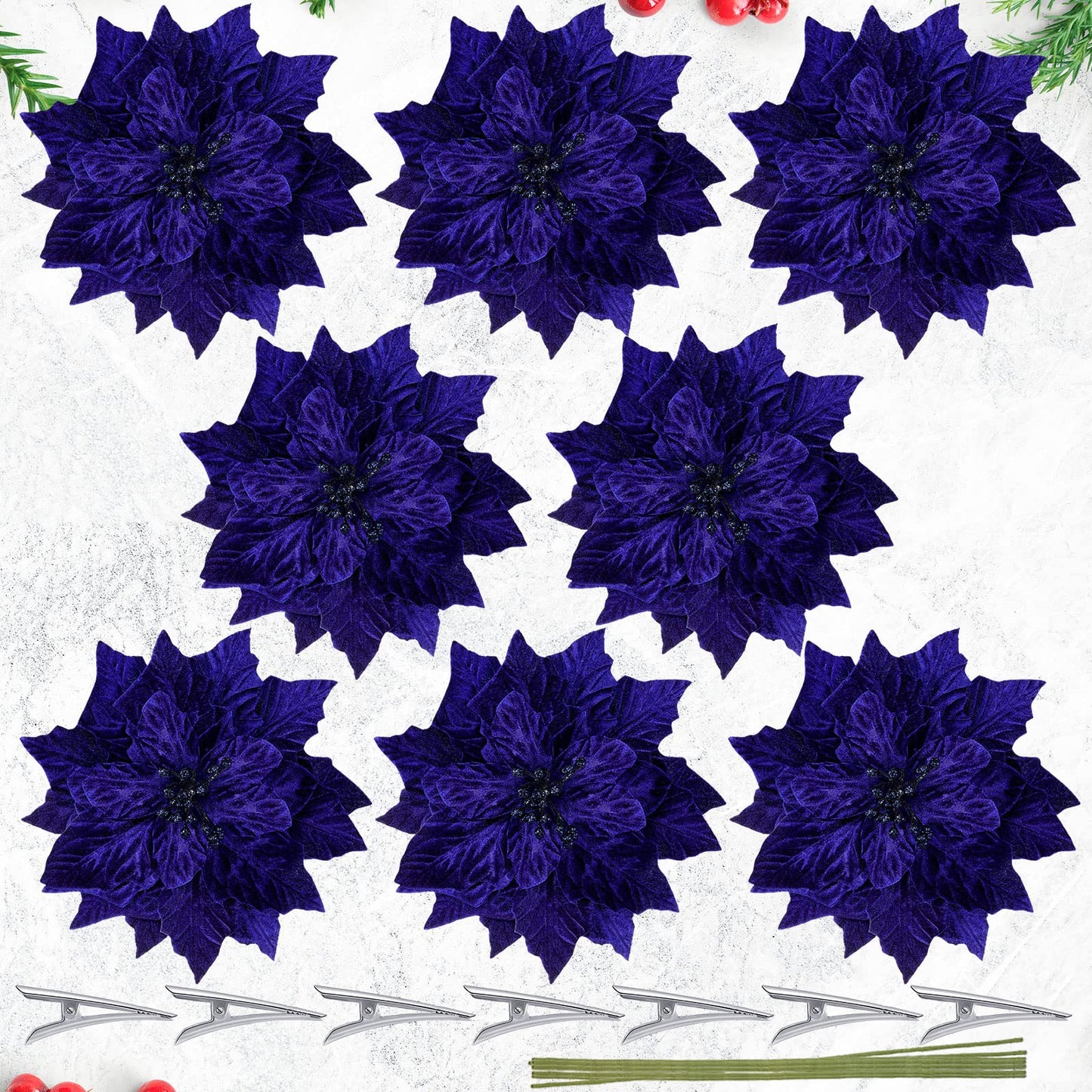 Cindeer 7 Pcs Christmas Poinsettia Artificial Flowers Christmas Poinsettia Ornaments Picks Blue Flowers Decoration for Xmas Tree DIY Wreaths Ornament Wedding Party, 9.8 Inch