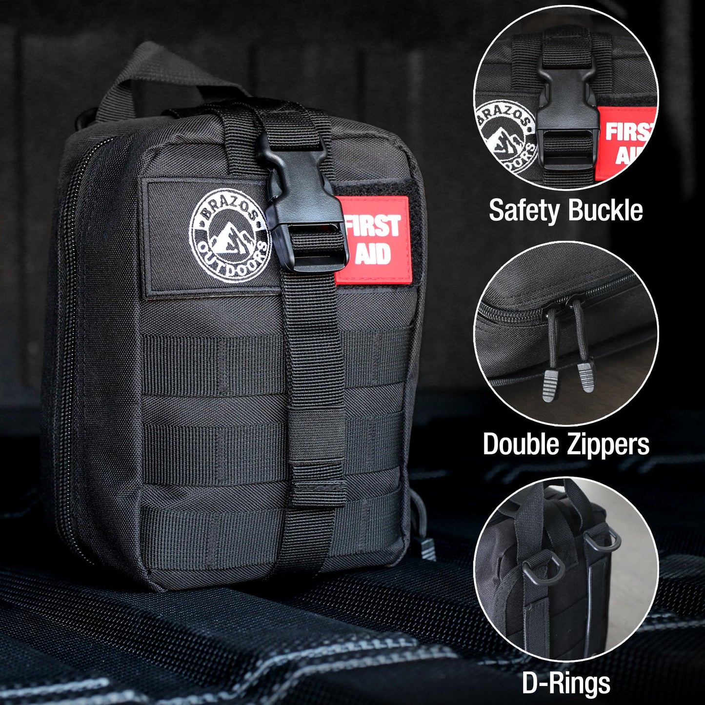 The Brazos First Aid Survival Kit, 250 Pieces, Hiking & Camping Essentials, Survival Gear and First Aid Combo for Emergency Preparedness, Lightweight, Portable, Tactical Clips & Closures, Black