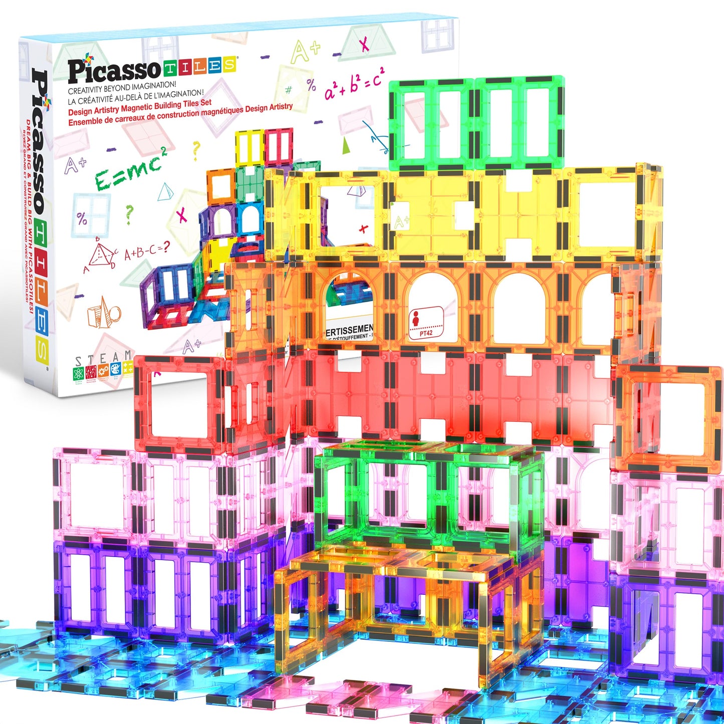 PicassoTiles 42pcs Magnetic Tiles Magnet Blocks See-Through Shape STEM Toys Building Block Educational Playset Compatible with Major Brand Tile -Starter Set for Boys and Girls Toddlers Ages 3+ PT42
