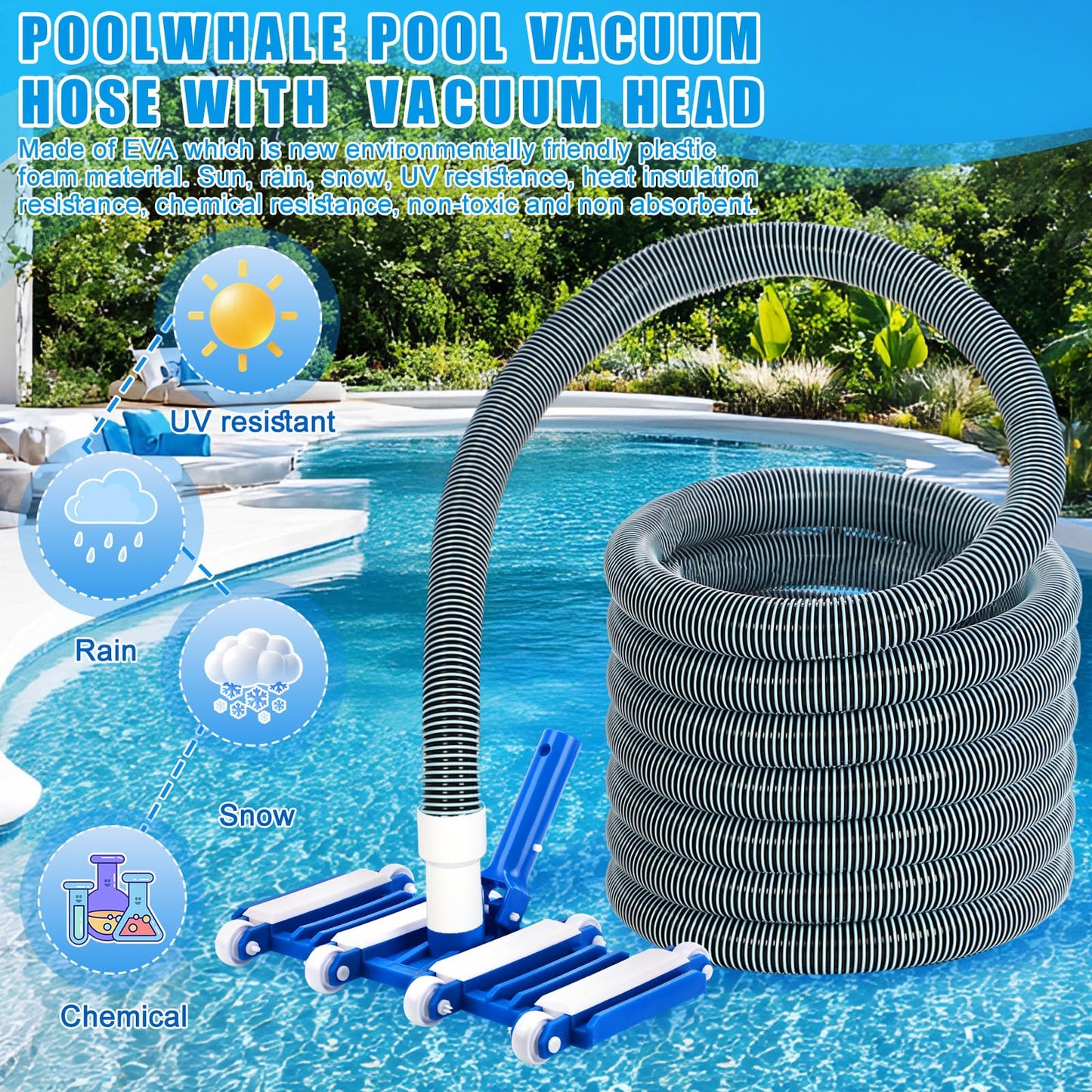 Innconee 4 Pcs Swimming Pool Cleaning Kit Including Pool Vacuum Head with 1-1/2" x 30 ft Hoses Flexible Head with Wheels and Pole 14 '' Cleaning Brush for Inground Above Ground Swimming Supplies