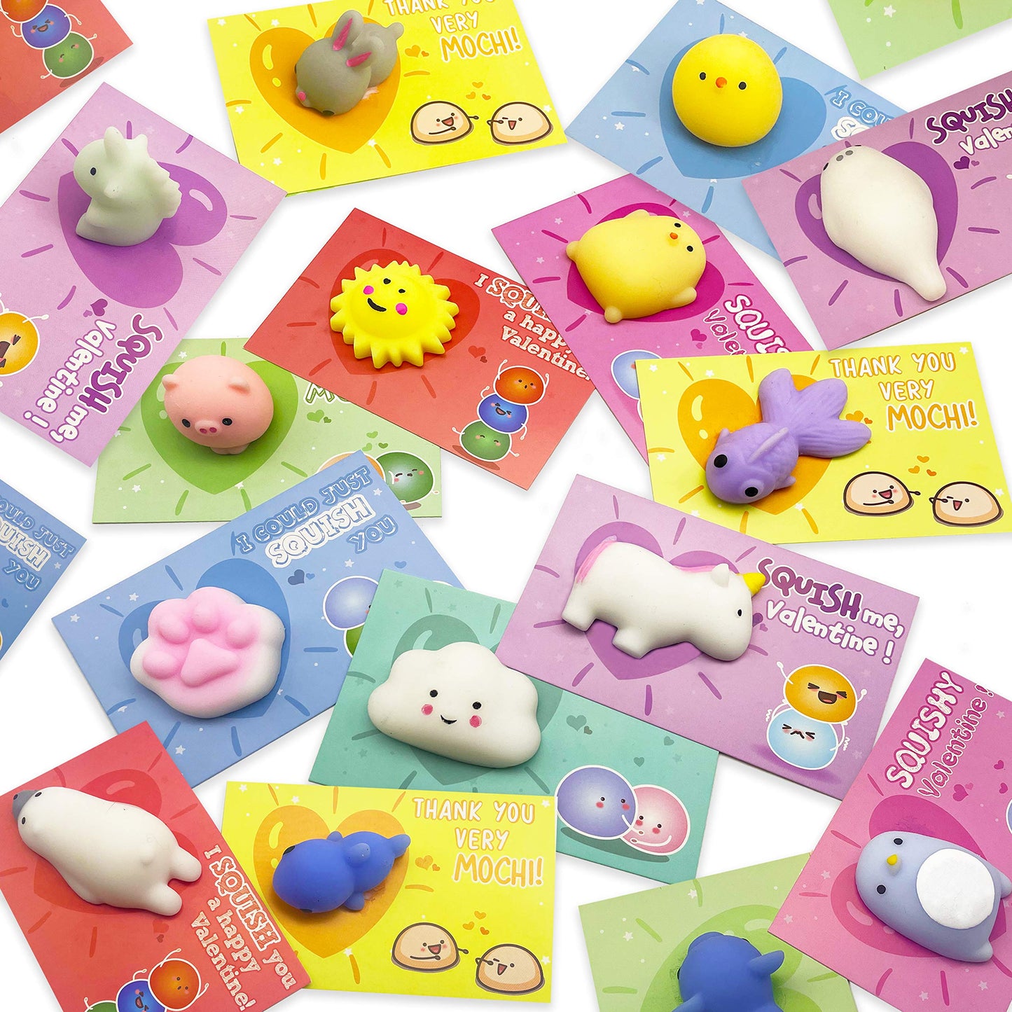 28 Pack Valentine’s Day Cards with Mochi Squishy Toys for Kids, Cute Kawaii Squishies School Classroom Valentine Exchange Set, Valentines Party Favors and Greeting Cards